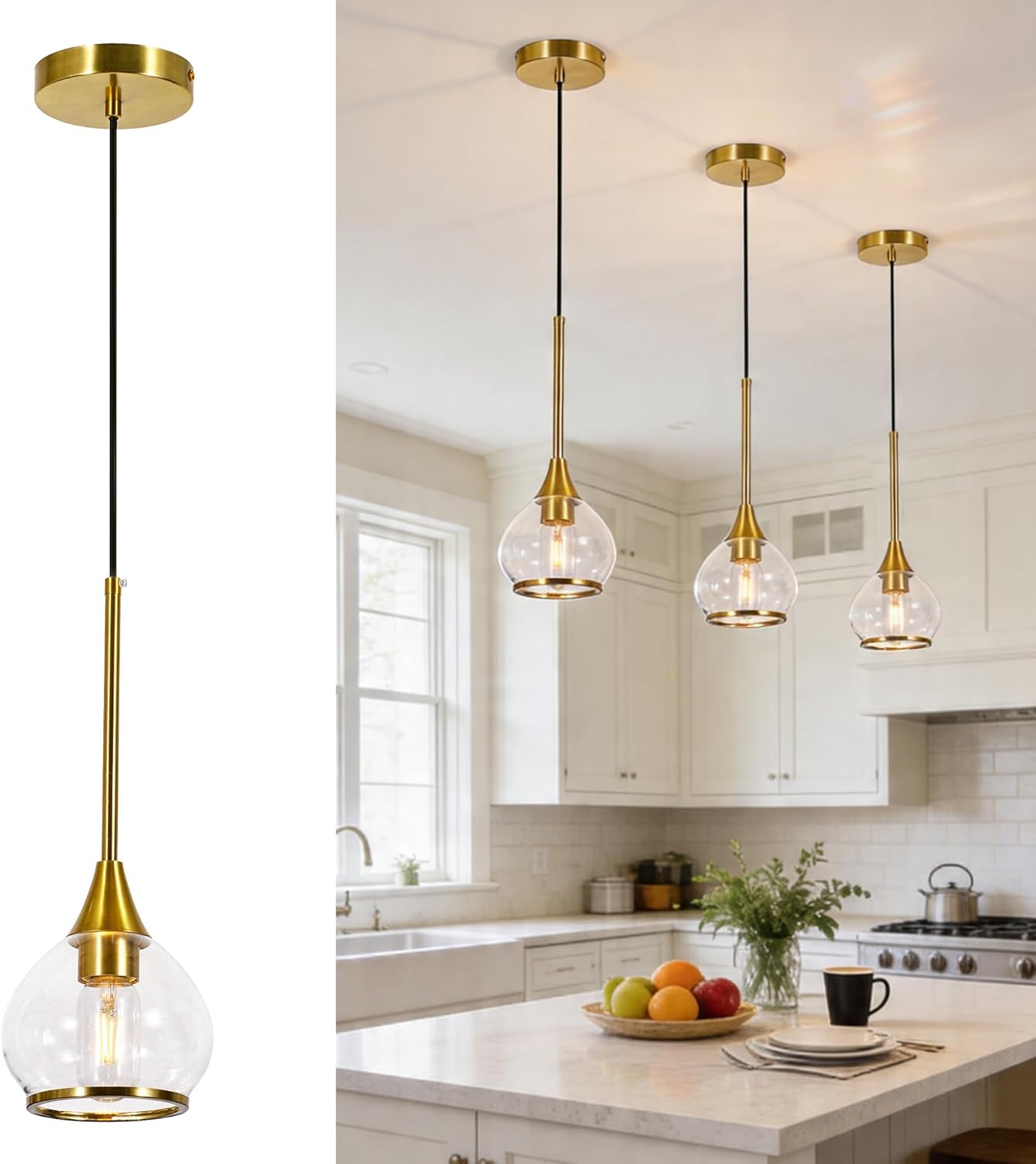 Kitchen Island Linear Pendant Light, 1-Pack 1-Light Gold Pendant Light, Brushed Gold Glass Globe Hanging Light Fixture for Dining Room, Over Table, Bar