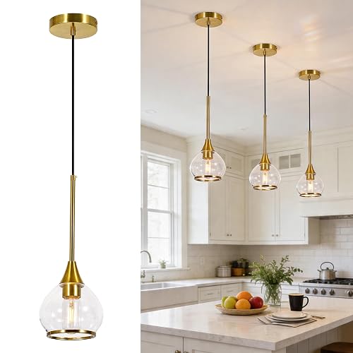 Gold Pendant Lights Kitchen Island, 1-Light Brushed Gold Glass Globe