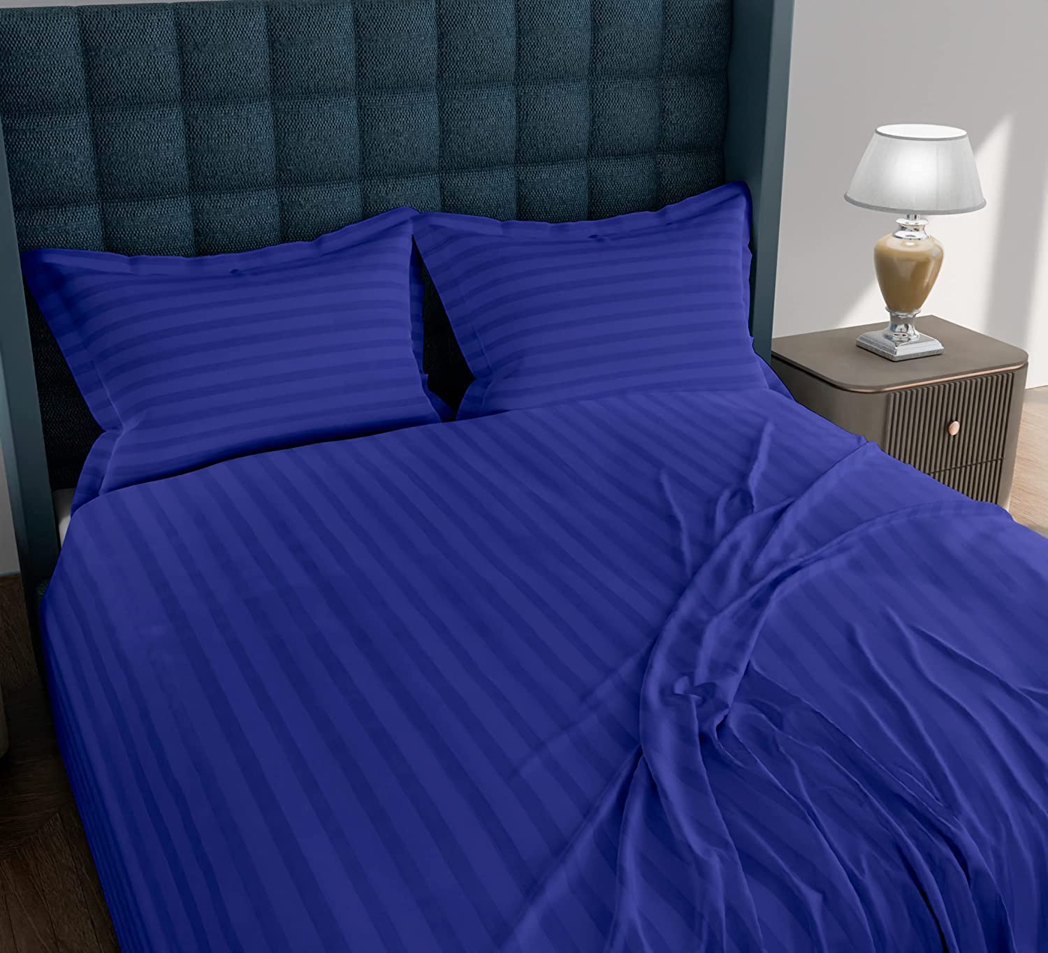 MAYSHA CREATIONS 300 TC Glace Cotton Plain Stripe Queen Size Single Bedsheet with 1 Pillow Cover for Home, Hotel, Guest Room (60 X 90) Inch Royal Blue Pack 1