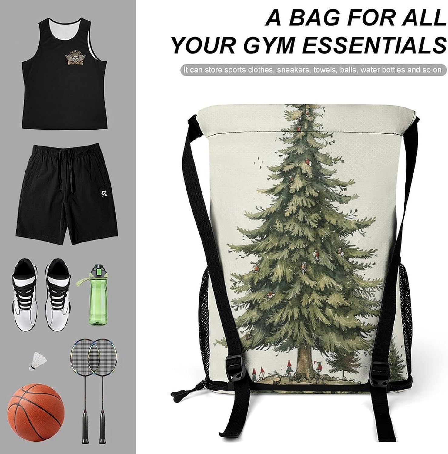 Tall Pine Tree Drawstring Backpack with Wet Pocket - Large Capacity Gym Bag with Shoe Compartment & Mesh Pockets, Adjustable Lightweight Gym Backpack for Swimming, Travel, Workout