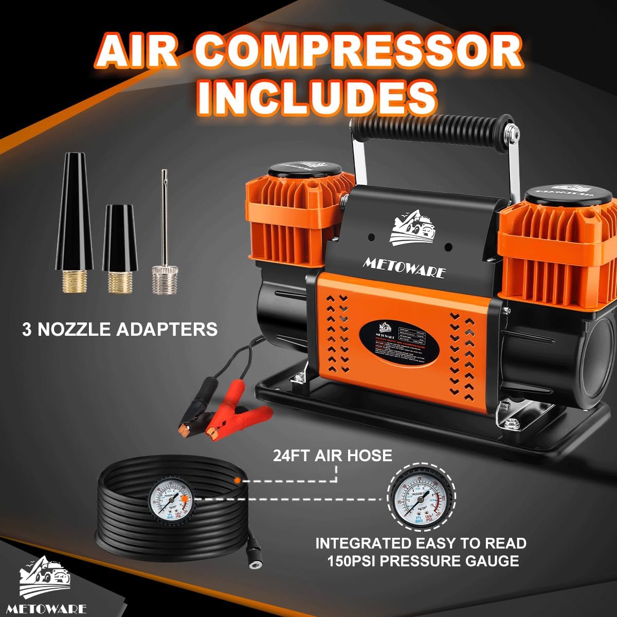 METOWARE Offroad Air Compressor, 12 V Portable Air Pump with 10.6 CFM, Dual Cylinder Tire Inflator for Car Heavy Duty, Max 150PSI for 4 × 4 SUV Vehicle RV ATV Truck