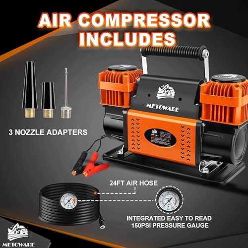 Miniatura 4 de METOWARE Compresor de aire todoterreno, bomba de aire portátil de 12 V con 10.6 CFM, inflador de neumáticos de doble cilindro para coche resistente,