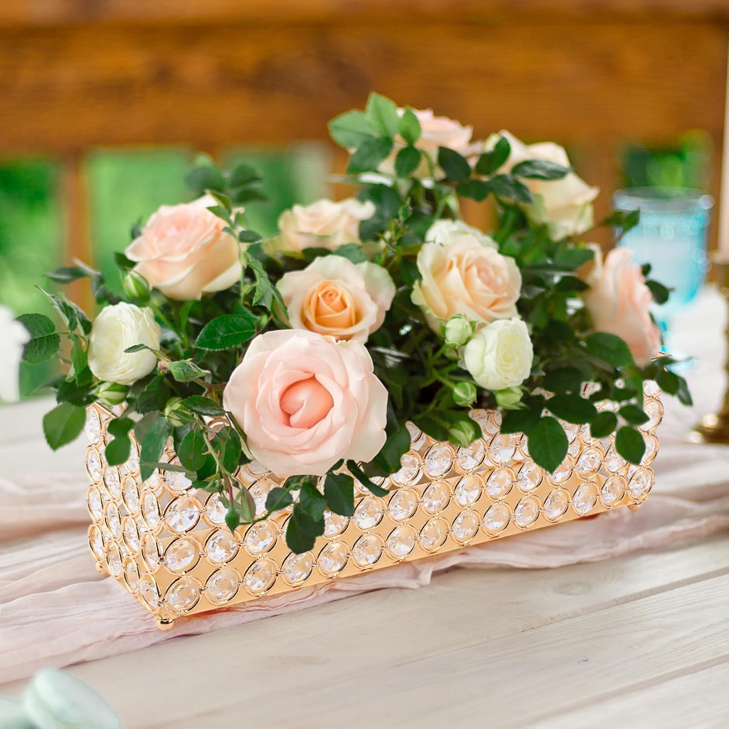 Maxdot Gold Crystal Rectangular Floral Centerpiece for