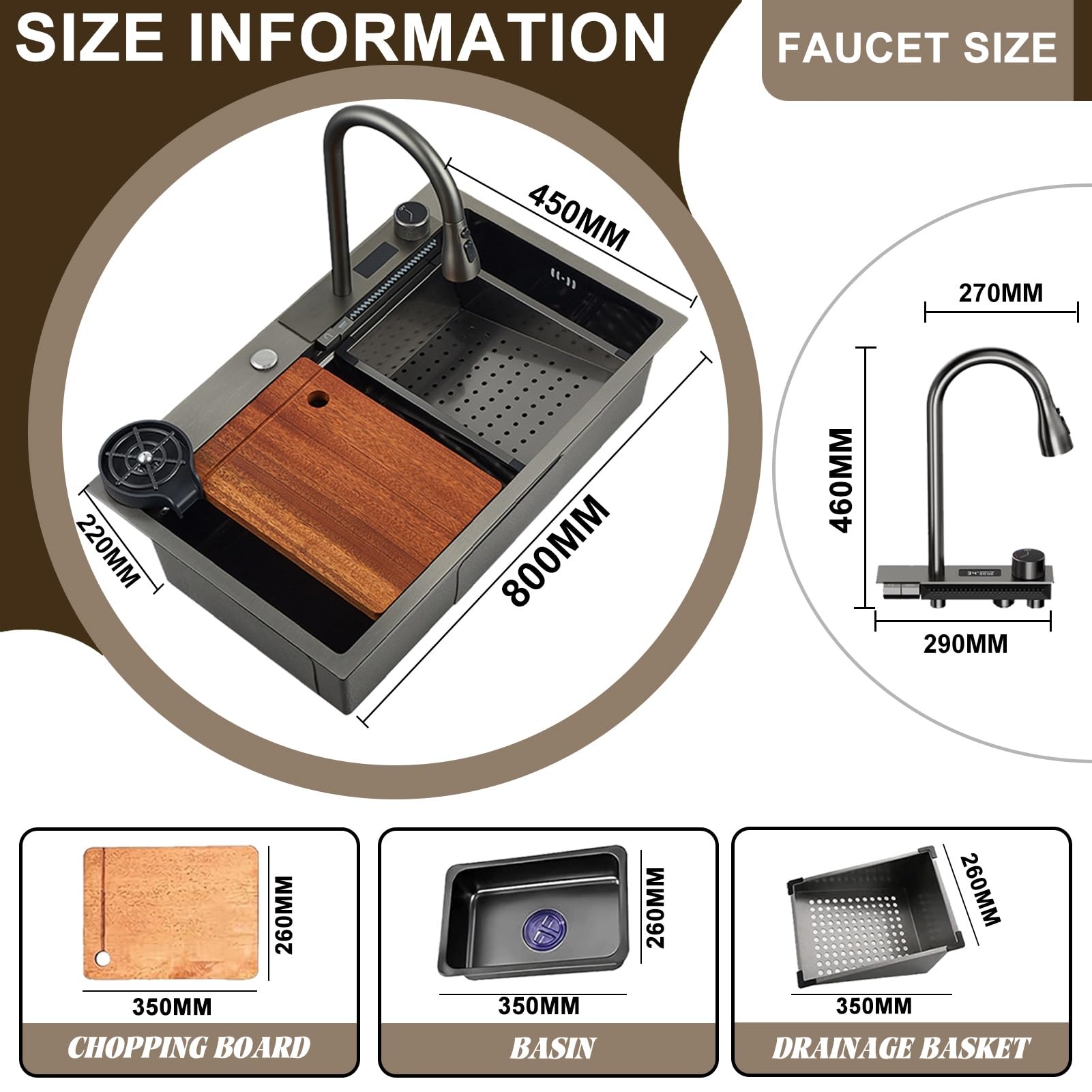 fregadero de cocina con cascada, el grifo está a la izquierda, 80x45cm, 1 cubeta, de acero inoxidable, fregadero negro grande, fregadero multifuncional con sifón y desagüe