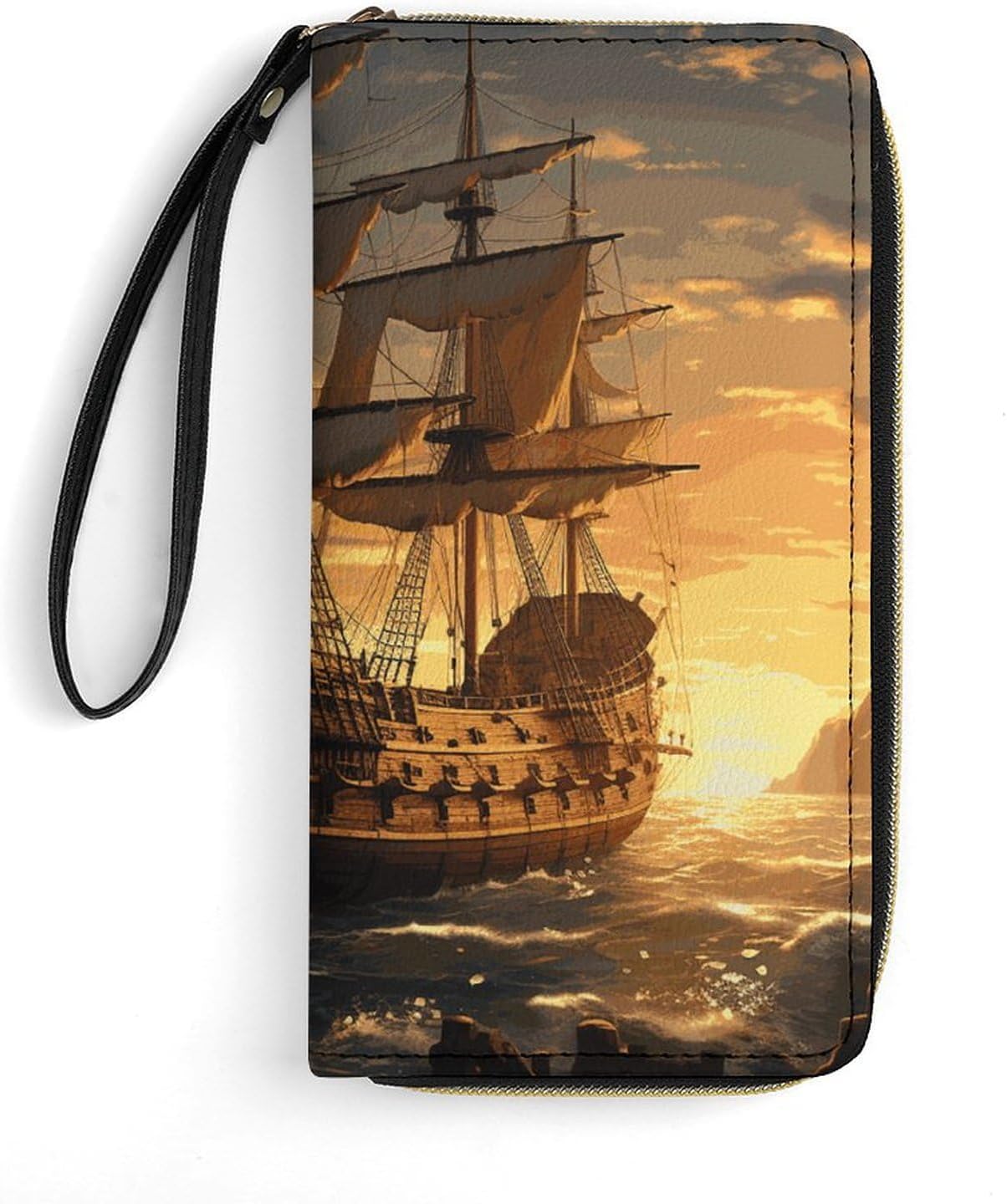Womens Wallet Fantasy Pirate Ship Printed Wristlet Wallets for Women Large Capacity Credit Card Holder Ladies Phone Clutch Leather Zip Around Clutch Wallet