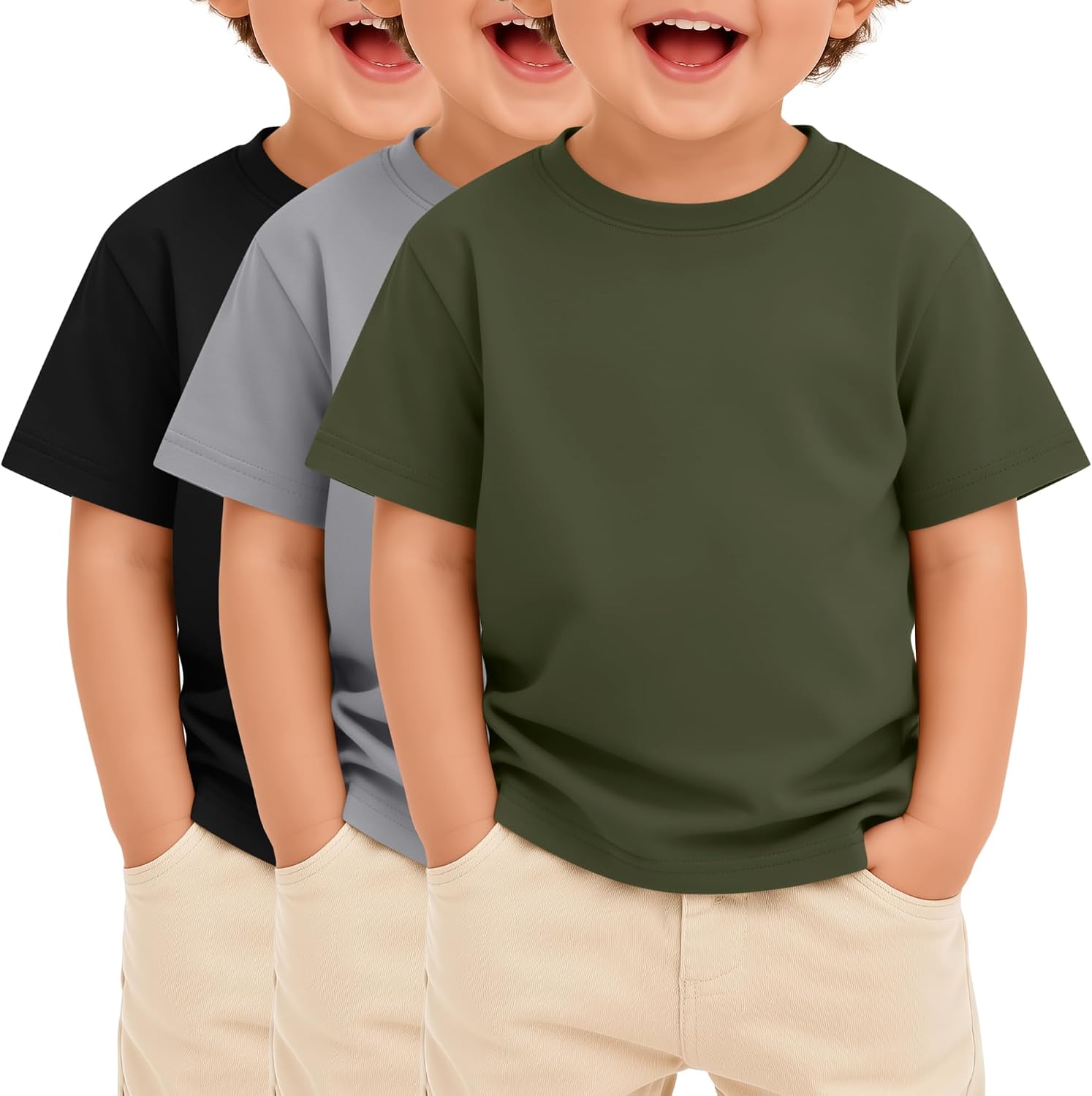 3 Pack Toddler Boys Short Sleeve Shirts Basic Crew Neck Loose Fit Tees Summer Casual Soft Shirts(Black, Light Mixed Gray, Army Green,4T)