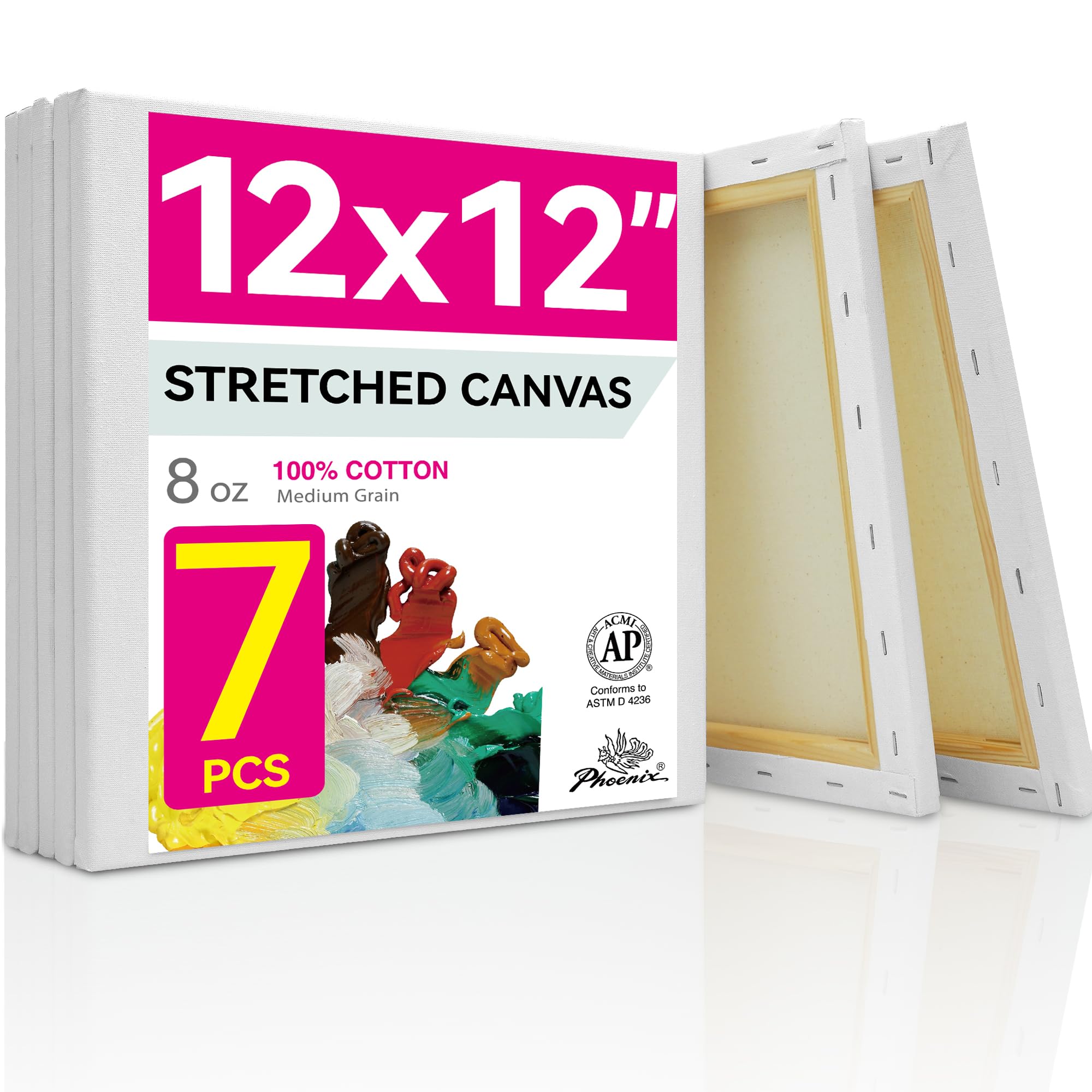 PHOENIX Stretched Canvas for Painting 12x12 Inch/7 Value Pack, 8 Oz Triple Primed 5/8 Inch Profile 100% Cotton White Blank Canvas, Square Framed Canvas for Oil Acrylic & Pouring Art