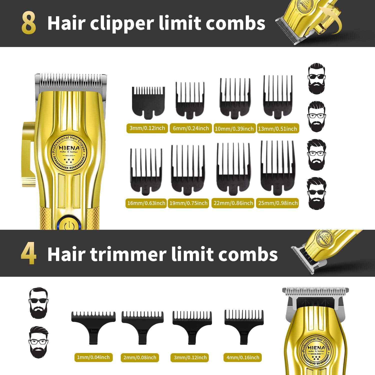 HIENA PRO Clippers and Trimmers Set - Cordless Hair Clippers for Men, Hair Trimmer & Foil Shaver, Hair Cutting Kit with Travel Bag, Barber Clippers Set with Cape for Home/Barber (Gold)