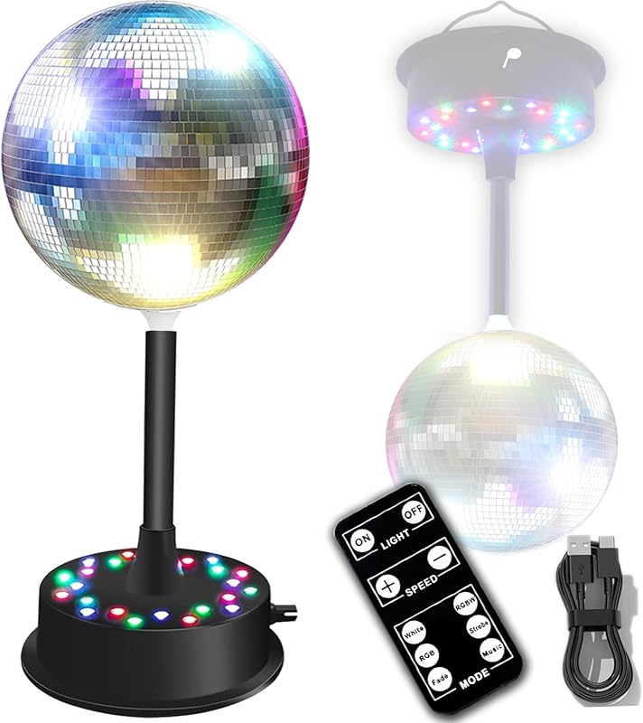 Mirrors Ball Light with Remote, 23 RGBW LED Adjustable Rotating Motor 5-10 RPM with 6-Inch Silver Mirror Ball with Multi Light Mode and Voice Control for Parties, Home Decor