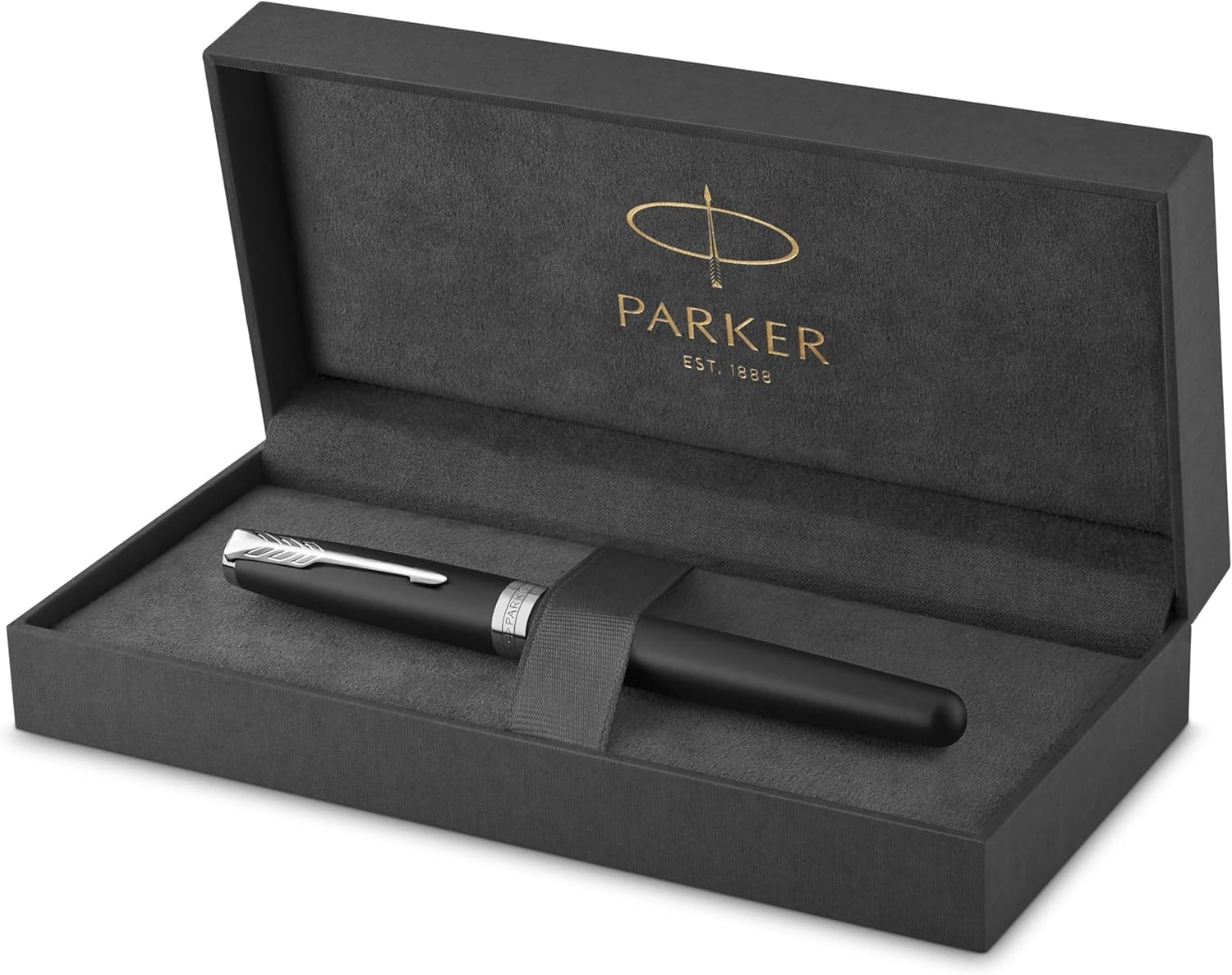 Parker Sonnet Tintenroller, mattschwarzer Lack mit Palladium-Rand, feine Spitze, schwarze Tinte, Geschenkbox und schwarzes Etui mit geprägtem Logo
