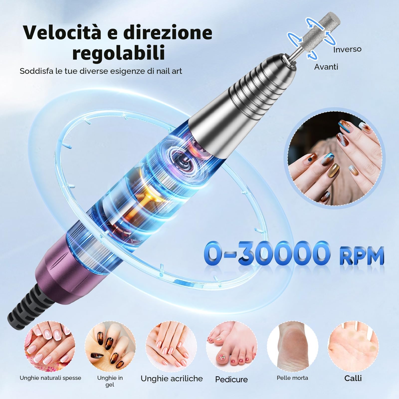 Fresa elettrica per unghie 4 in 1, aspiratore professionale per polvere da 30.000 giri/min, potente aspiratore da 80 W, luce LED girevole da 6 W, silenzioso, con 3 lime per salone (White)