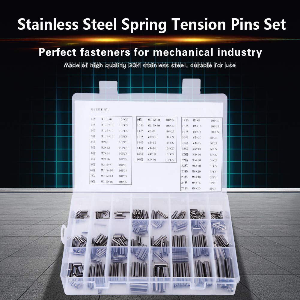 Perni a Molla, Perni di Tensione A Molla,Assortimento Spine Elastiche Con Una Scatola di Plastica in Acciaio Inox 304 M1.5/2/3/4/5/6/8