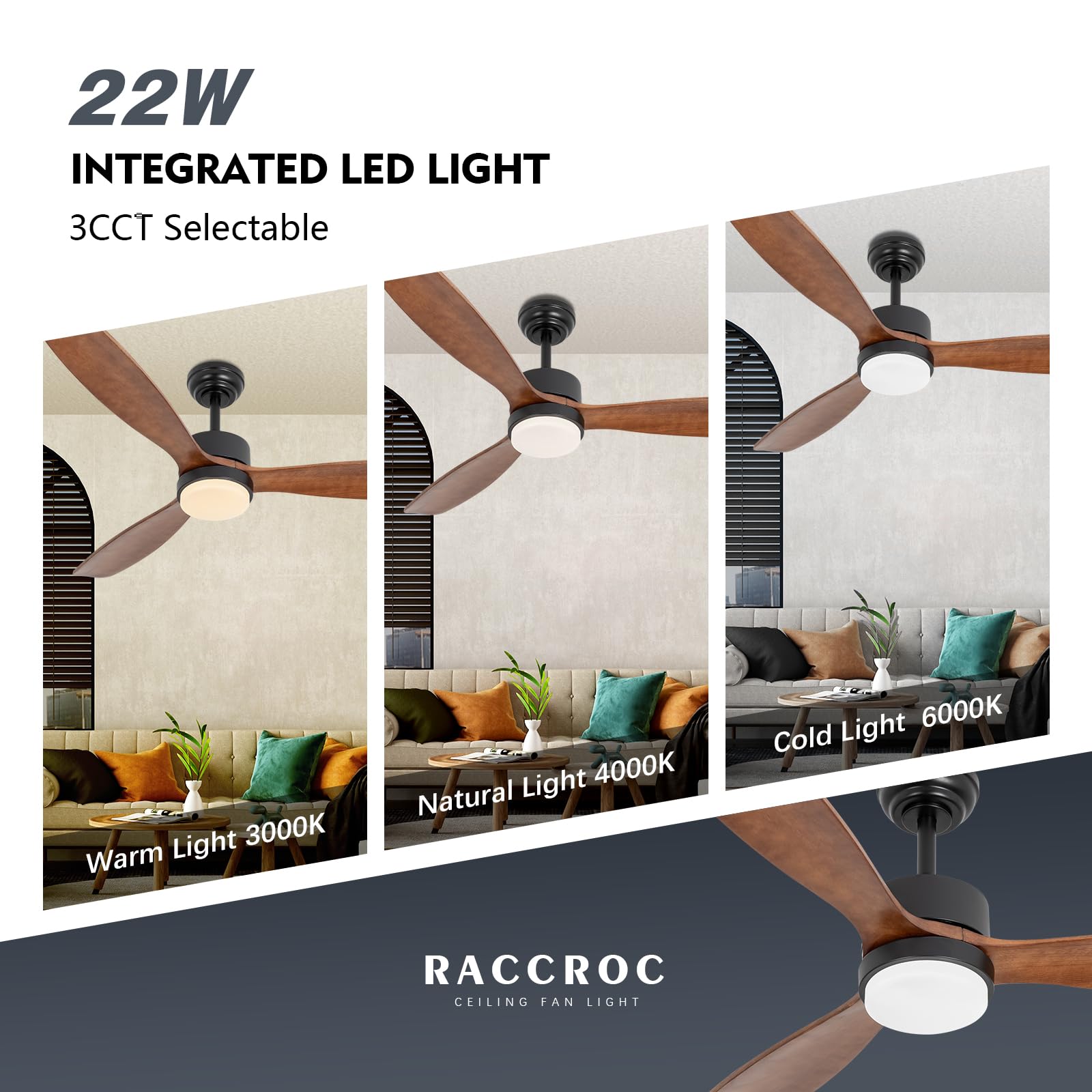 raccroc 52In Ceiling Fan,Wood Ceiling Fans with Lights and Remote,22W LED Light Modern Ceiling Fan with Lights,3 Dark-Brown Solid Wood Blades,6 Speeds,Reversible Quiet DC Motor(Matte Black)