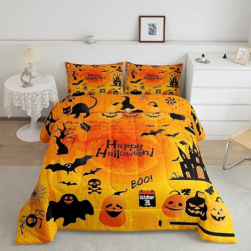 Juego de edredón con temática de Halloween para niños, ropa de cama de 3 piezas para adolescentes, niños y niñas, divertido juego de edredón de