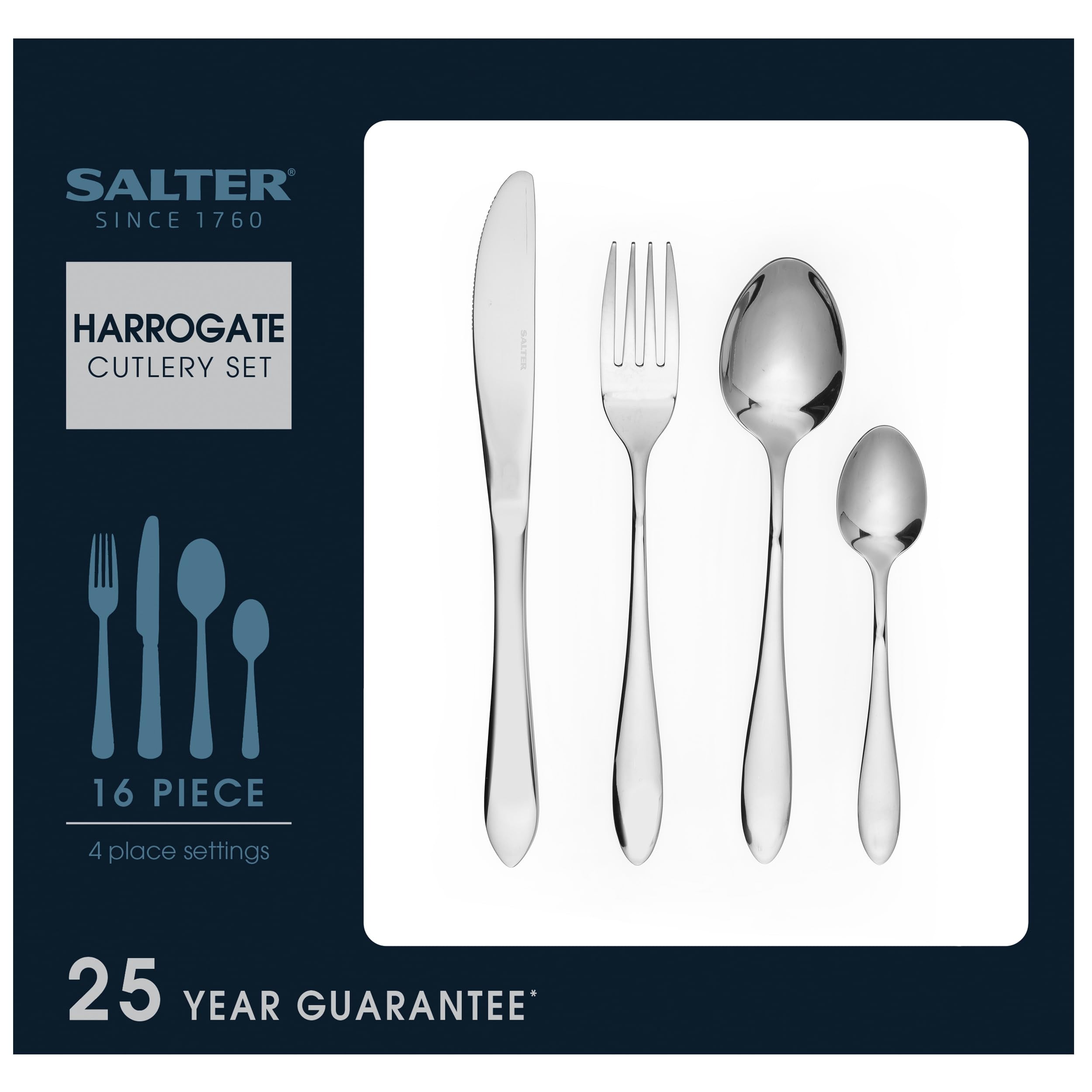 Salter COMBO-8753 Harrogate - Servizio di posate per 8 persone, include coltelli, forchette, cucchiai e cucchiaini, posate in acciaio inossidabile, stoviglie lavabili in lavastoviglie