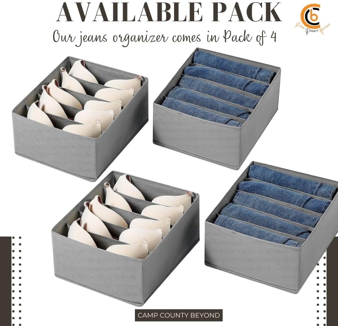 Foldable Wardrobe Clothes Organizer Storage Boxes - Set with 5 Grids- Fabric Shelf Dividers, Large Size Organizer with PPE Sheets, Stackable Clothing Box for Jeans,Pants, Sweaters,T-Shirts (Pack of 4)