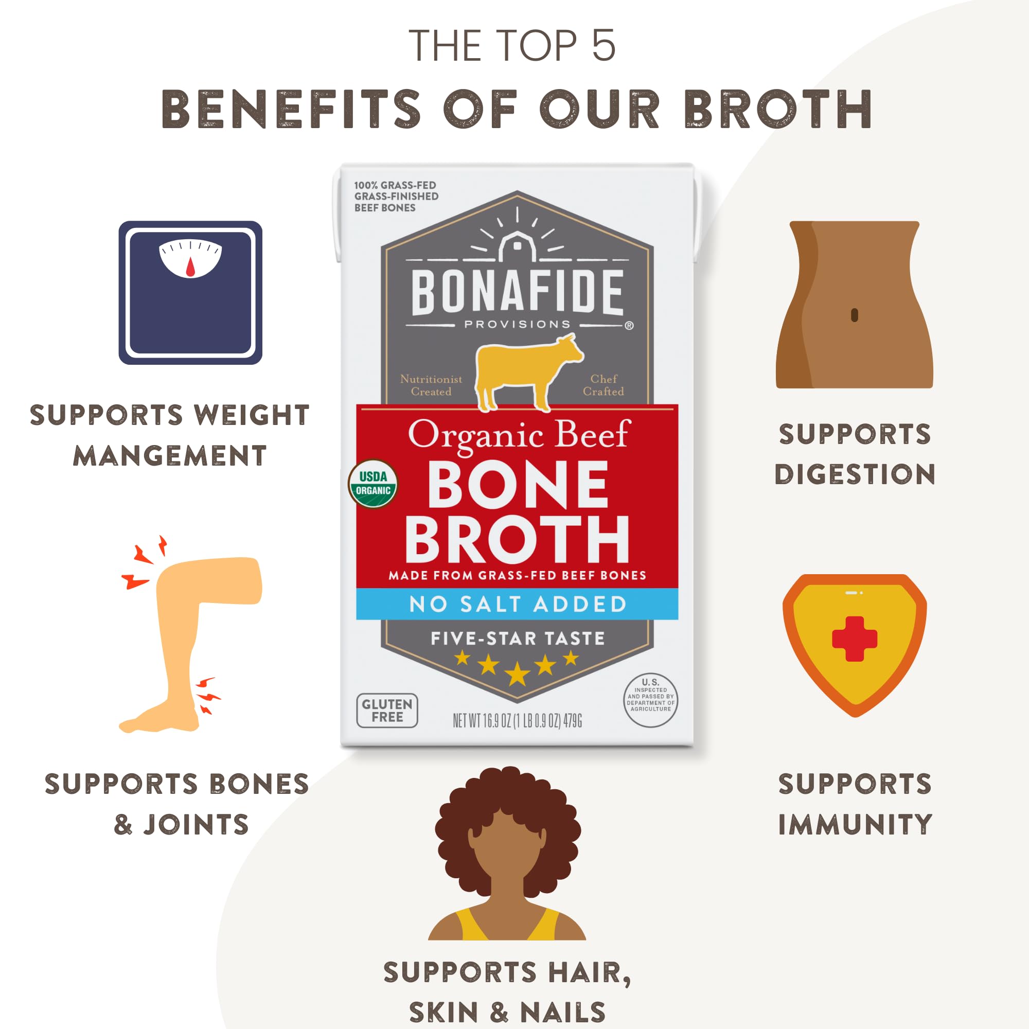 Bonafide Provisions Fresh Organic Beef Bone Broth - No Salt Added, 16.9oz - 6 Pack