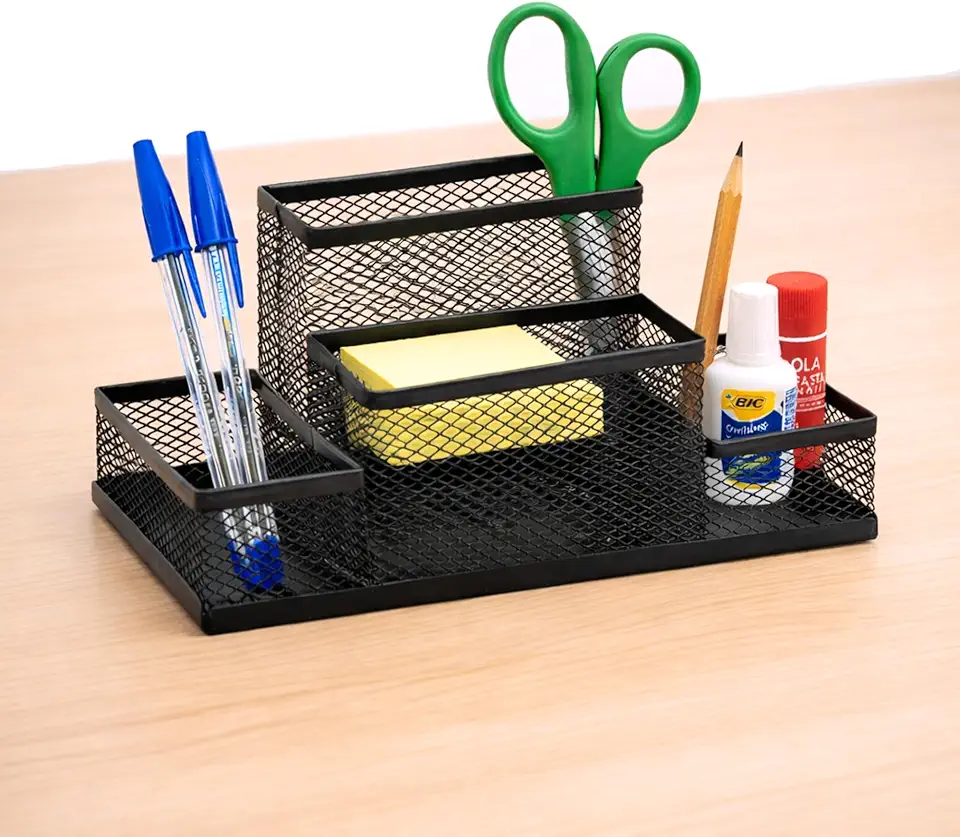 Organizador de Mesa Escritório Aramado Preto 4 Divisórias Porta Caneta Lápis Clips Home Office Suporte Material Escolar Metal Resistente Premium