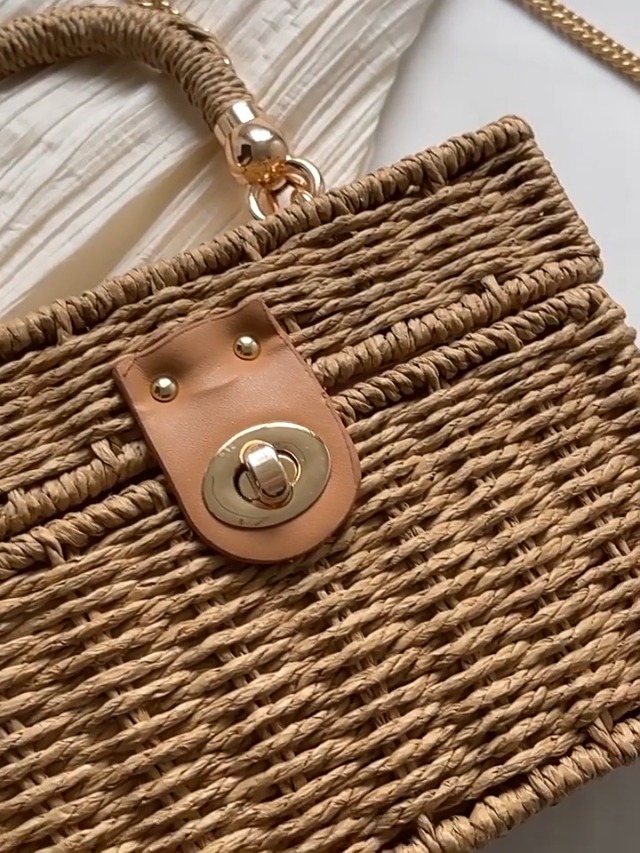 Bolso de mano cuadrado de paja vintage para mujer miniatura 7
