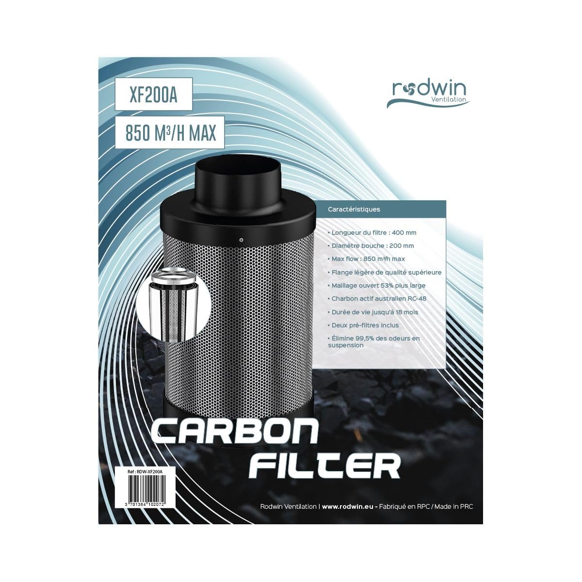 RODWIN Ventilation Filtre à Charbon Actif Australien Ø 200mm 850m3/h - Filtration Odeurs & COV 99%