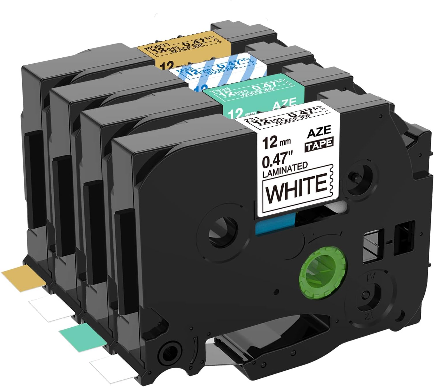Anycolor Compatible with Brother TZe Tape 12mm TZe-231 T535 M33 MQ831, White / Matte Gold / Turquoise Blue / Matte Clear Laminated Tape for PT-D210 H110 D400 Label Maker, 4X