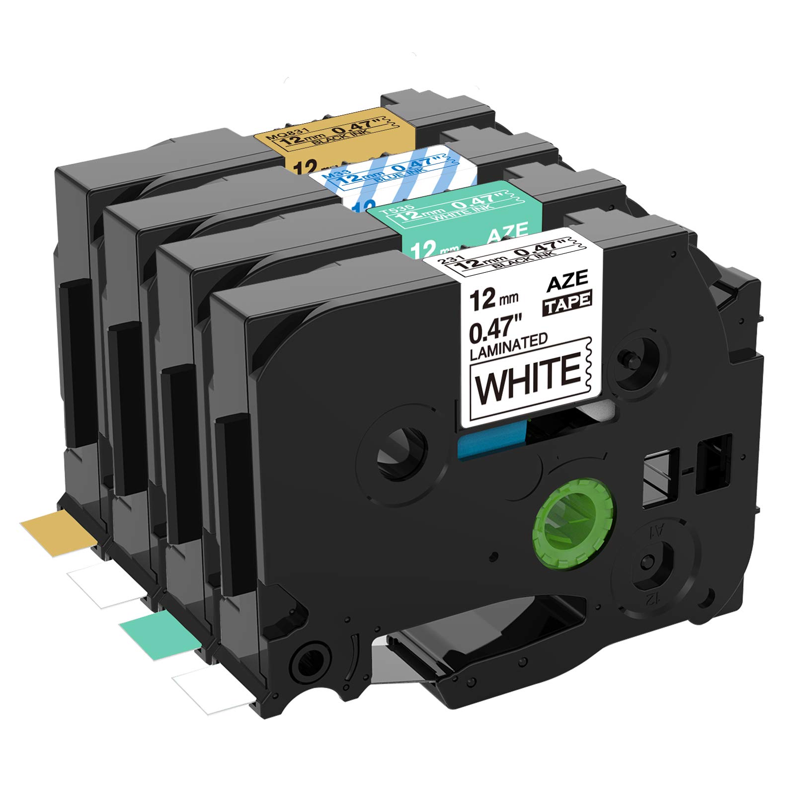 Anycolor Compatible with Brother TZe Tape 12mm TZe-231 T535 M33 MQ831, White / Matte Gold / Turquoise Blue / Matte Clear Laminated Tape for PT-D210 H110 D400 Label Maker, 4X