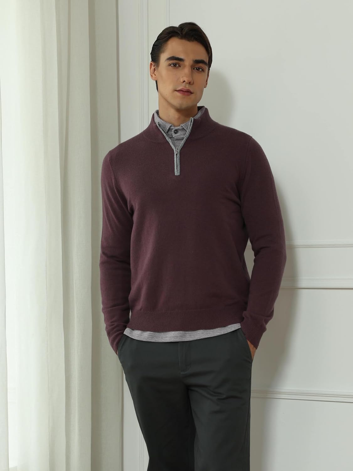 Quarter-Zip 100% Merino Wool Sweater for Men Mock Neck Pullover Contrast Trim Casual Long Sleeve Knit Tops Italian Plum Size XXL - Image 3