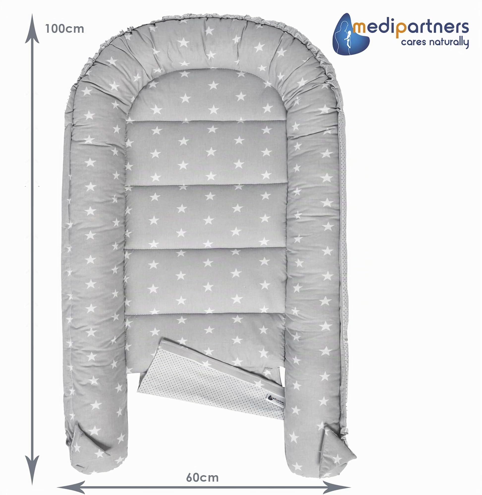 Medi Partners Juego de Cuna de 5 Piezas Incluye Nido para bebé de 100x60x15cm 100% algodón cojín Plano Manta para Gatear cojín de Mariposa (Estrellas con Gris)