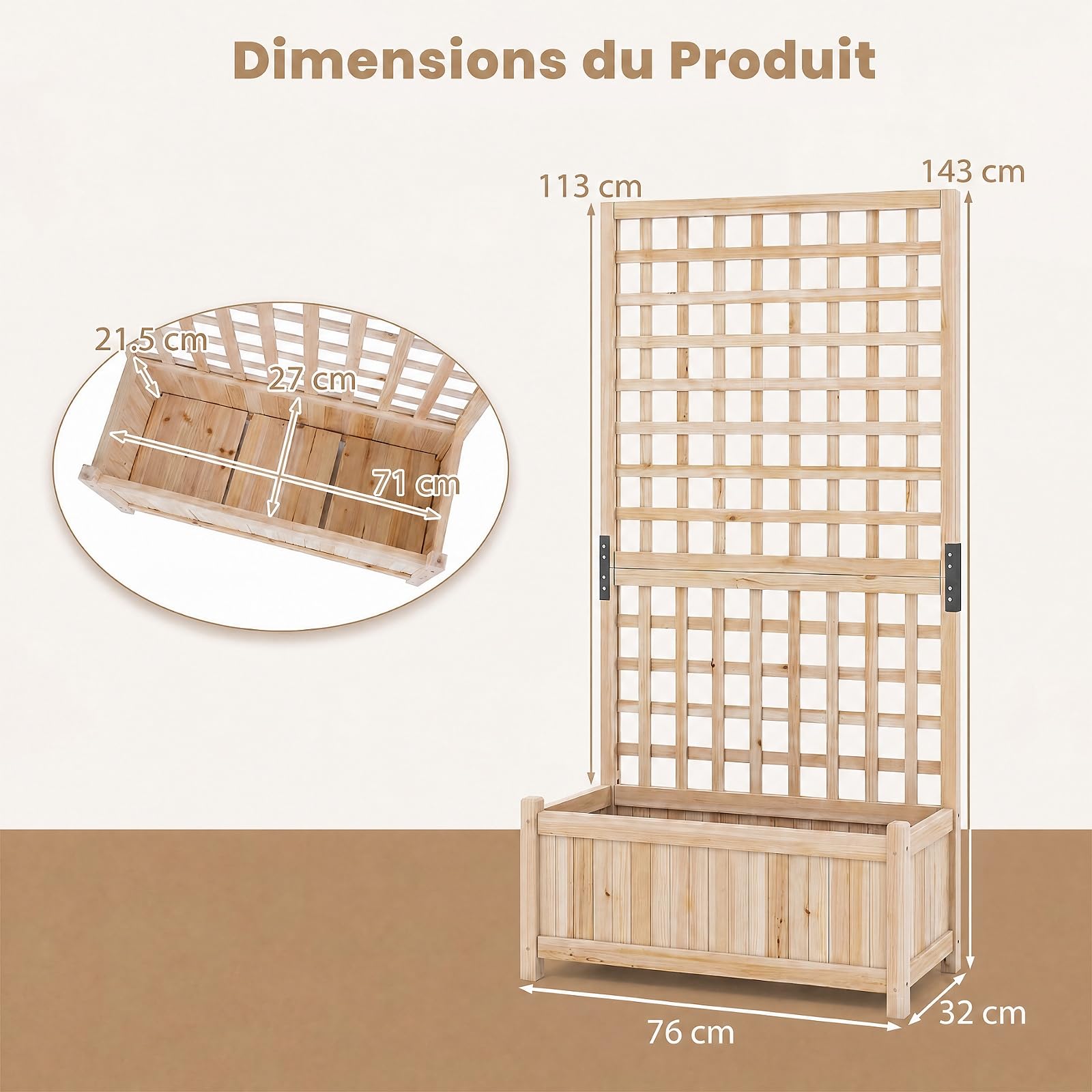 GOPLUS Jardinière avec Treillis en Bois, Jardinière Brise Vue sur Pieds, 76x32x143CM, avec Fond Amovible, 3 Trous de Drainage, Bac avec Treillis à Fleur, Plante Grimpant, pour Balcon, Jardin (Naturel)