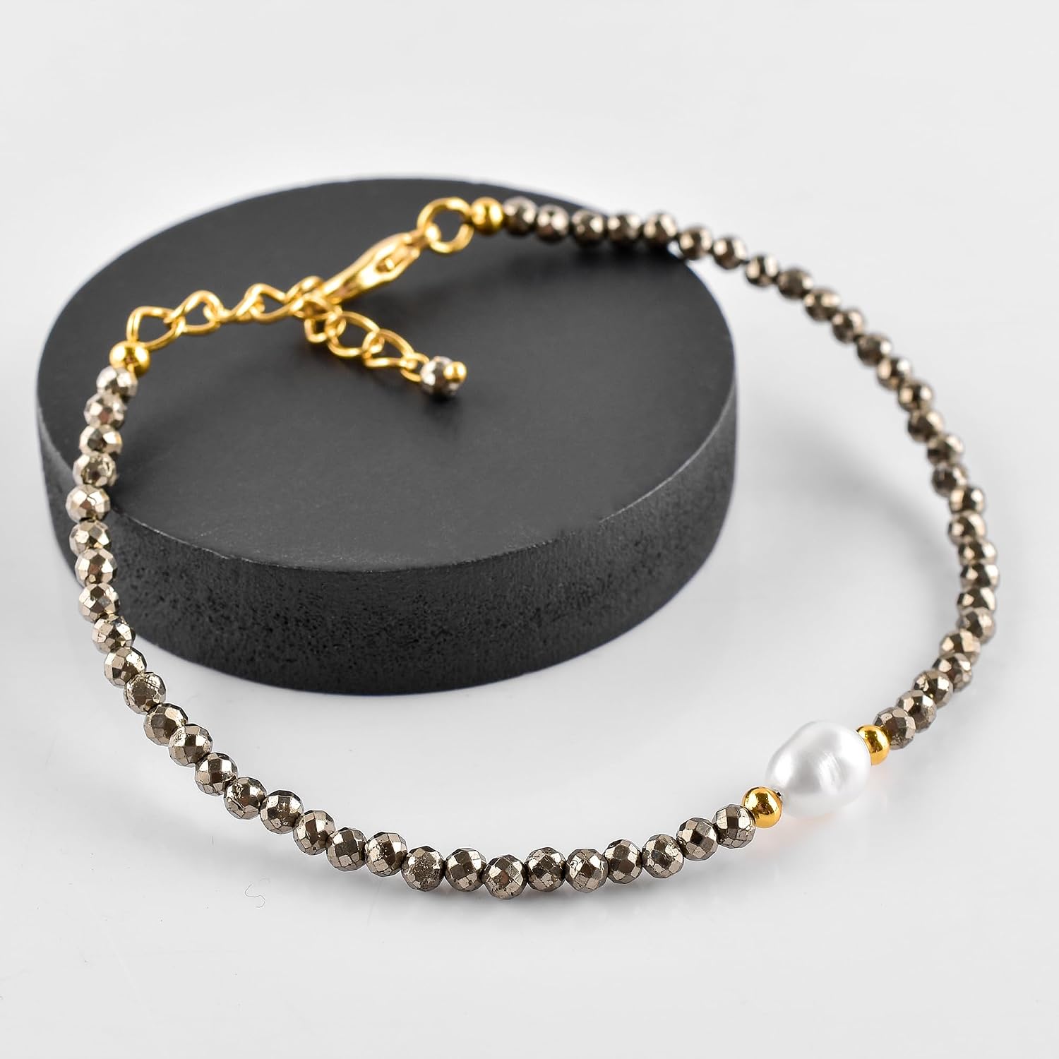 InfinityGemsArt Natural Gemstone Gold Bracelet For Women, Birthstone Crystal Stone With Freshwater Pearl Beaded Jewelry, Gold Plated Chain 8 Inch
