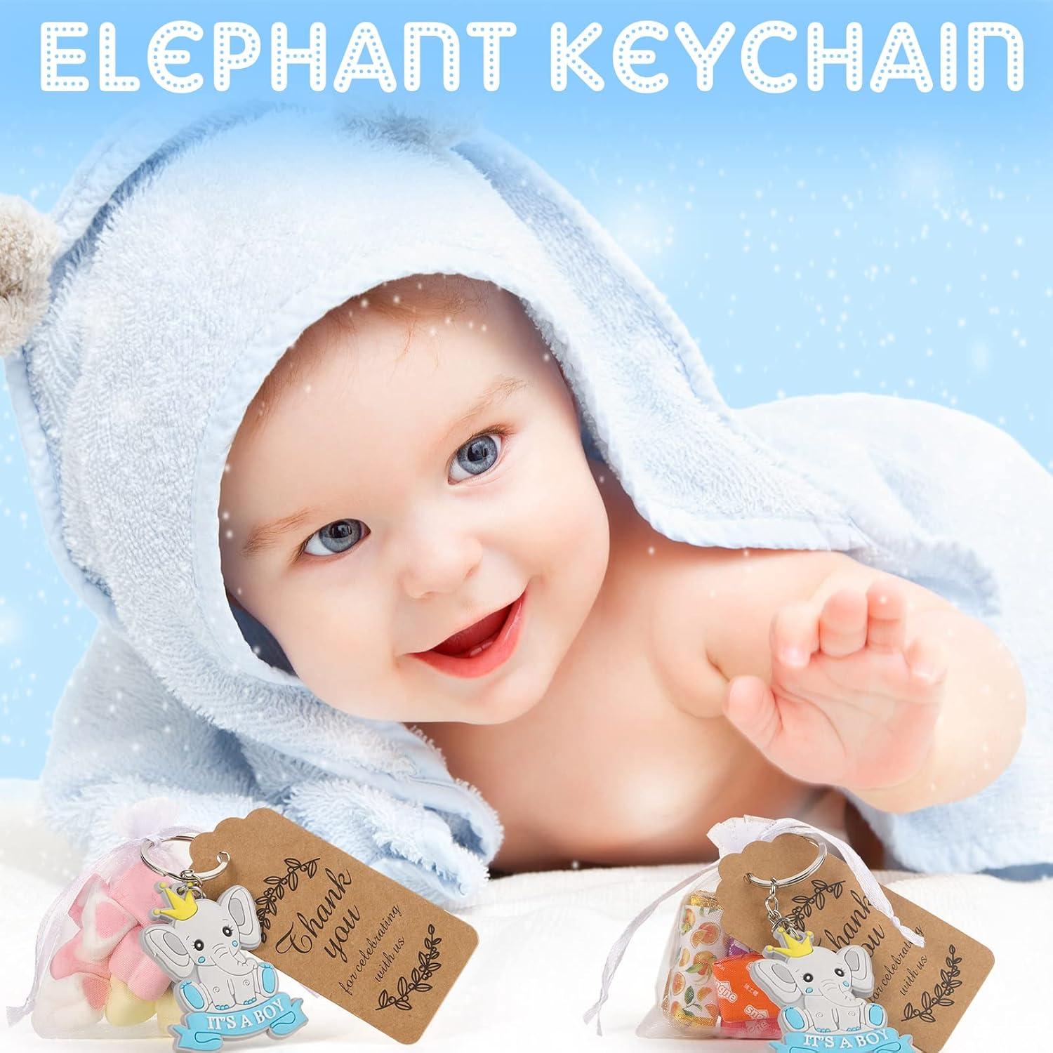 24 Pcs Baby Shower Gifts for Boy Blue Elephant Keychain with Organza Bags Thank You Kraft Tags Baby Shower Favors for Guests Boys Gender Reveal Party Supplies Decorations - Image 4