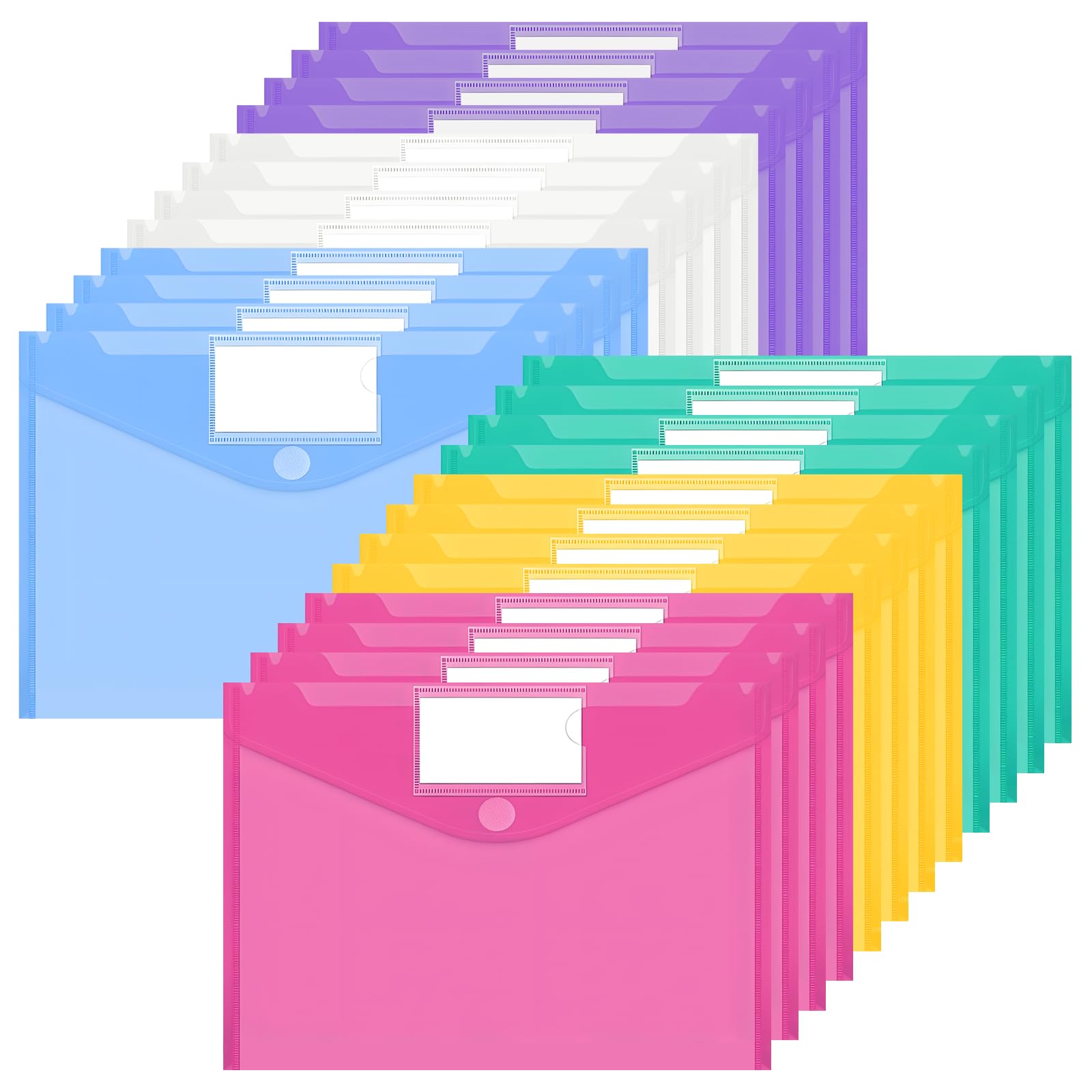 JEFURE A4 Plastic Wallets 24PCS, Waterproof Plastic File Folders, Document Folder Wallets with Label Pocket for Document and Office Supplies Organization, 6 Colors