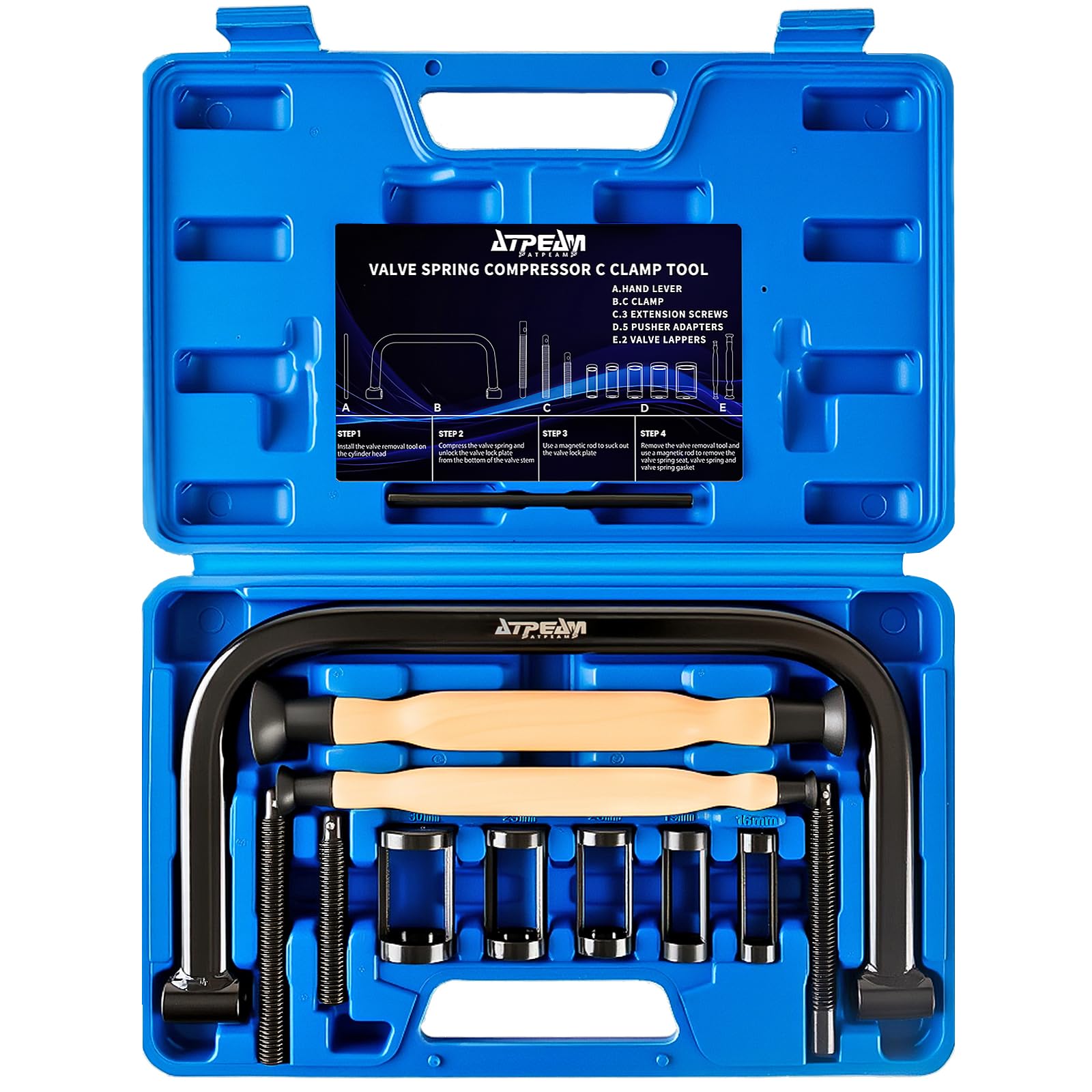 ATPEAM Universal Ventilfederspanner Set, Ventilfeder Spanner Satz für Auto, Motorrad und LKW, Ventilfeder Spanner, inkl. 5 auswechselbare Druckstücke 16-30 mm(12pcs, Blau)