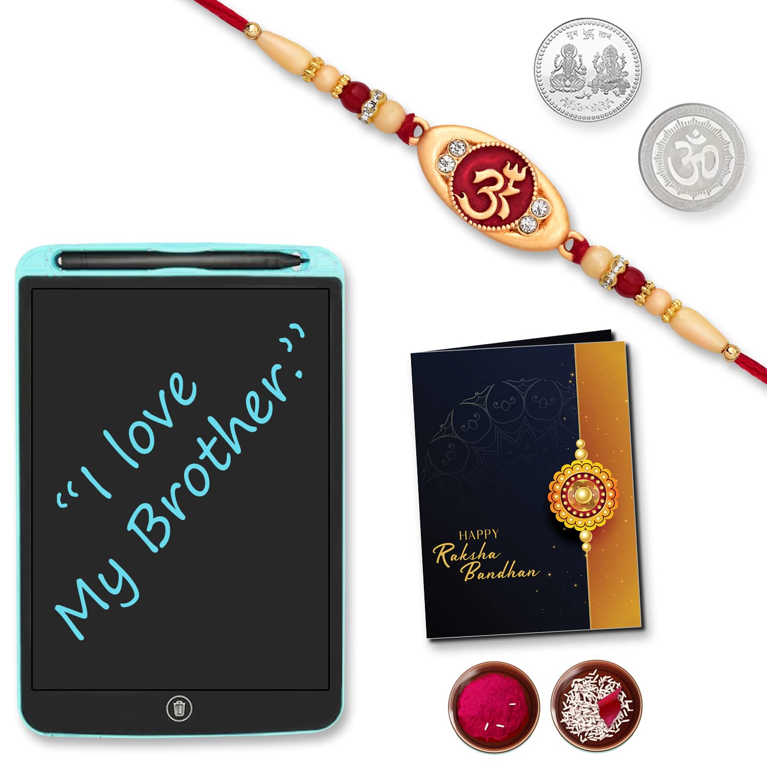 DeoDap (K1_289_1360) Multicolor Red OM Rakhi Combo with LCD Writing Pad/Tablet for Kids, Silver Color Pooja Coin & Greeting Card, Occasion, Rakhi for brother with gift, new Rakhi collection, rakhi combo for brother, Fancy Rakhi for brother, Set of 1 Rakhi-image-28