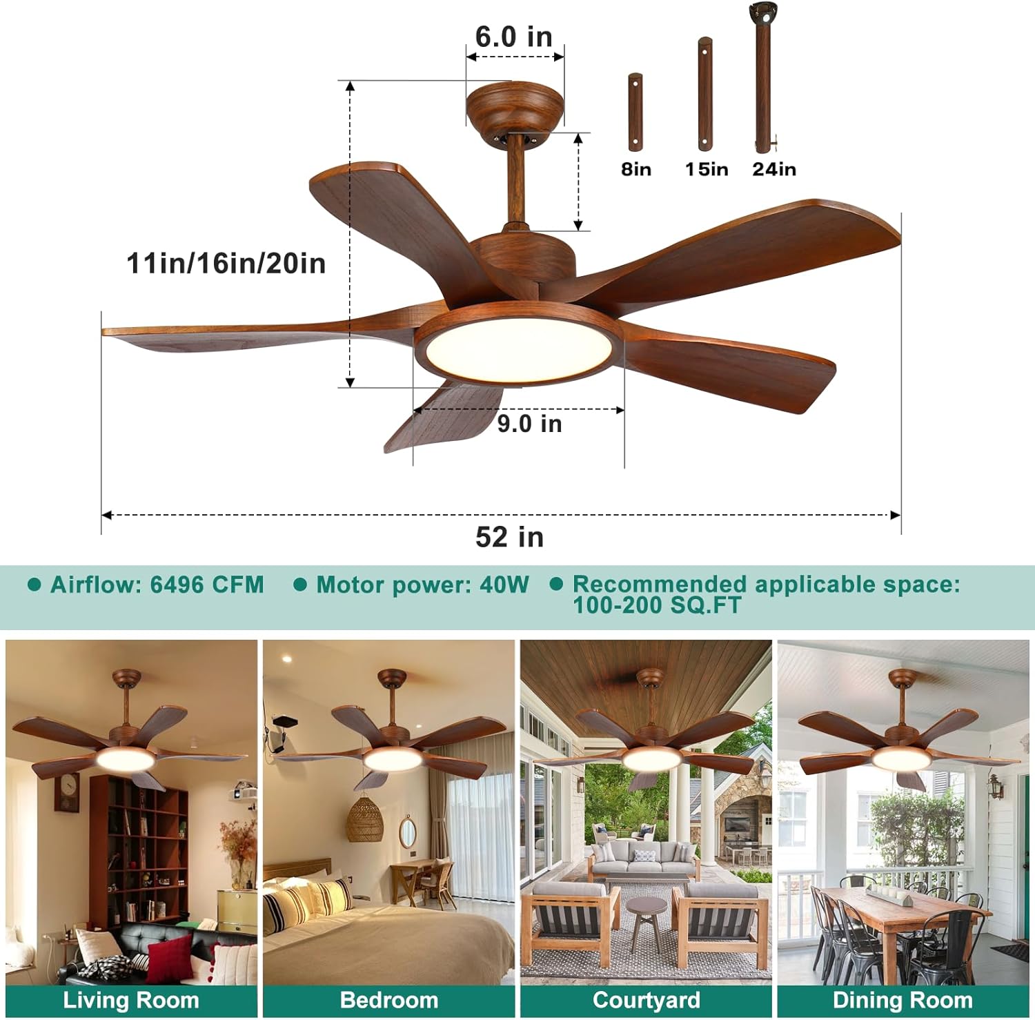 52 Inch Wood Ceiling Fan with Lights and Remote Control 5 Solid Wooden Blades Modern Farmhouse Outdoor Ceiling Fan for Patios Living Room FCC Reversible DC Motor