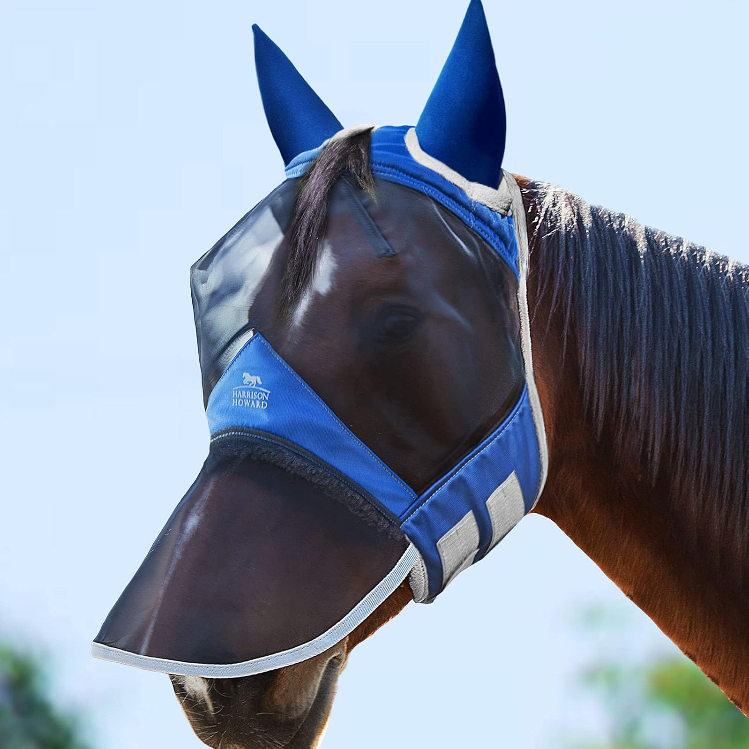 Harrison Howard Soundproof Horse Fly Mask Long Nose with Ears Mesh Fleece Padded UV Protection for Horse (Silver Grey) : Pet Supplies