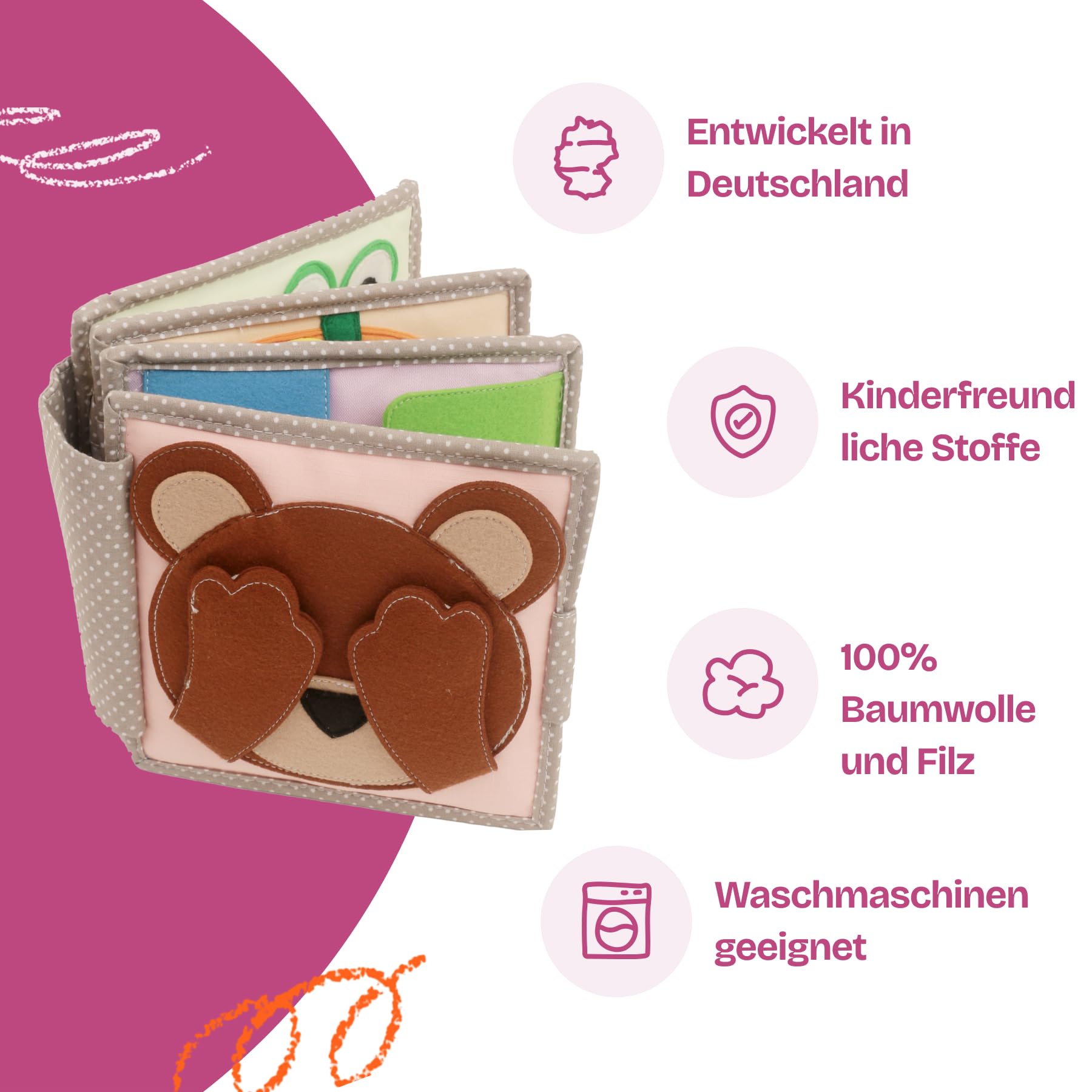 Jolly Designs Mini Quiet Book Peek-a-Boo - Montessori Toys a partir de 6 meses - Promueve la motricidad y la percepción sensorial - Libro de tela para bebés - Libro de fieltro hecho a mano - Perfecto