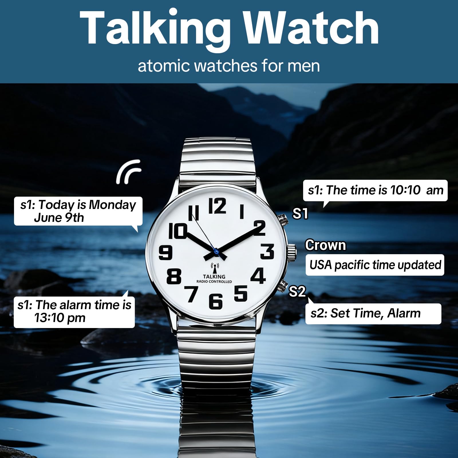 Reloj de calidad claro y fuerte voz ultra delgado atómico hablando inglés habla la hora, fecha o hora de alarma para ancianos, vista perjudicada o ciegos. Cara blanca números negros 113
