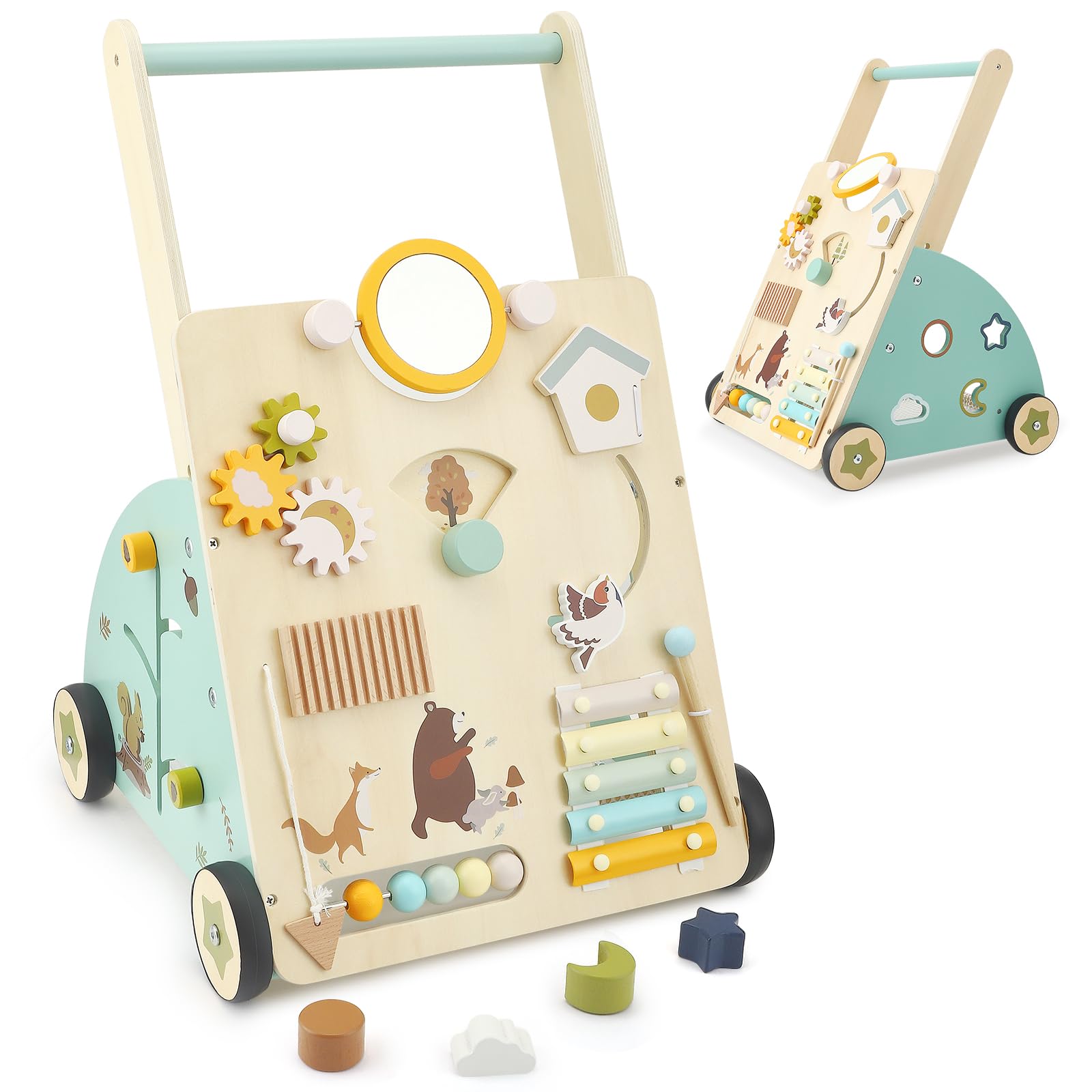 Carrello Primi Passi in Legno per Bambini,10 in 1 Baby Activity Center Push Walker regolabile, Girello Montessori con Centro Attività,da 10 mesi a 1-2 anni,Baby Walker Regali di Compleanno