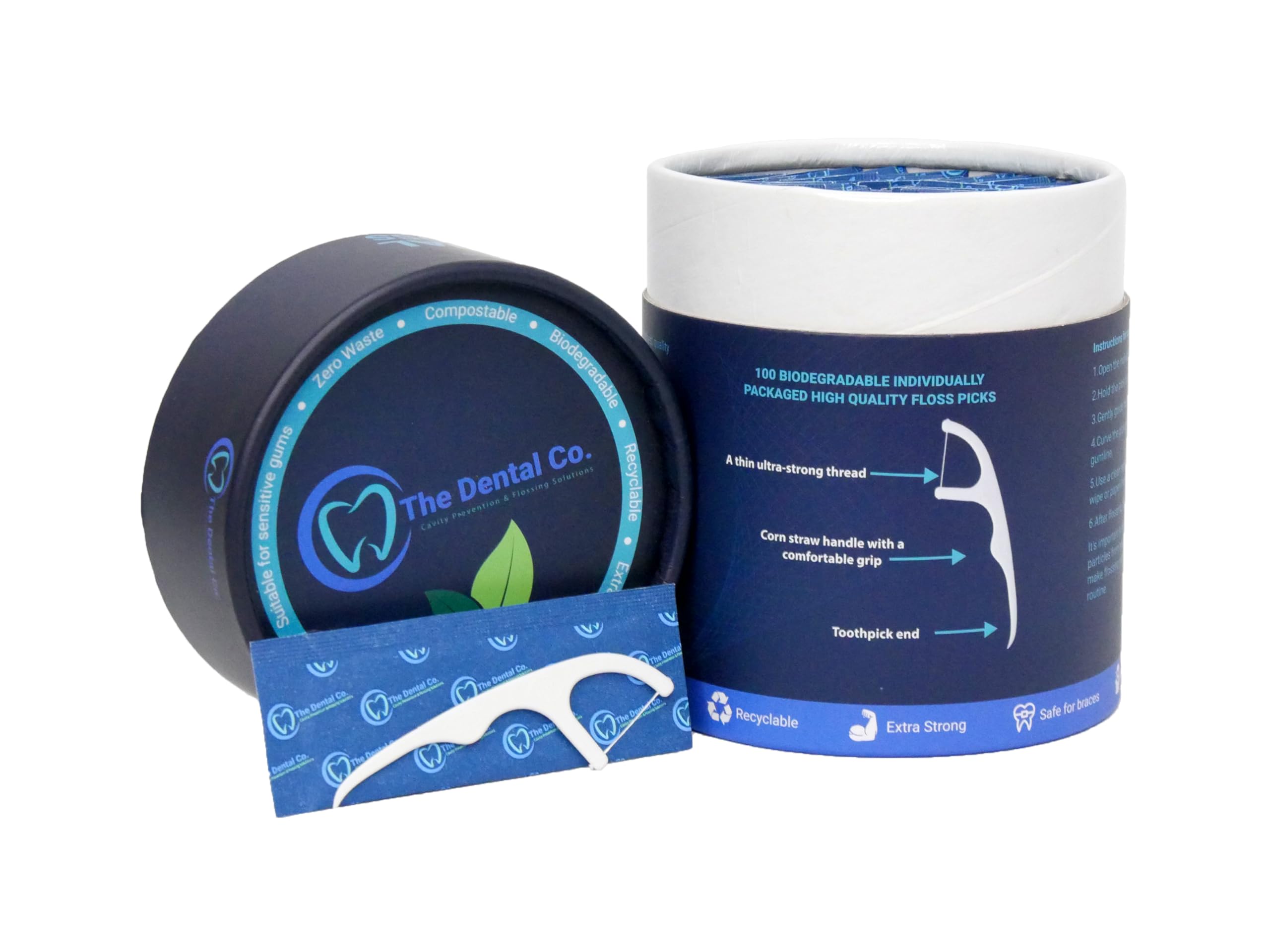 Premium Floss Picks (100 Count), Unflavored Biodegradable Individually Wrapped Dental Floss Picks, Ideal for Traveling | White | Vegan | BPA Free