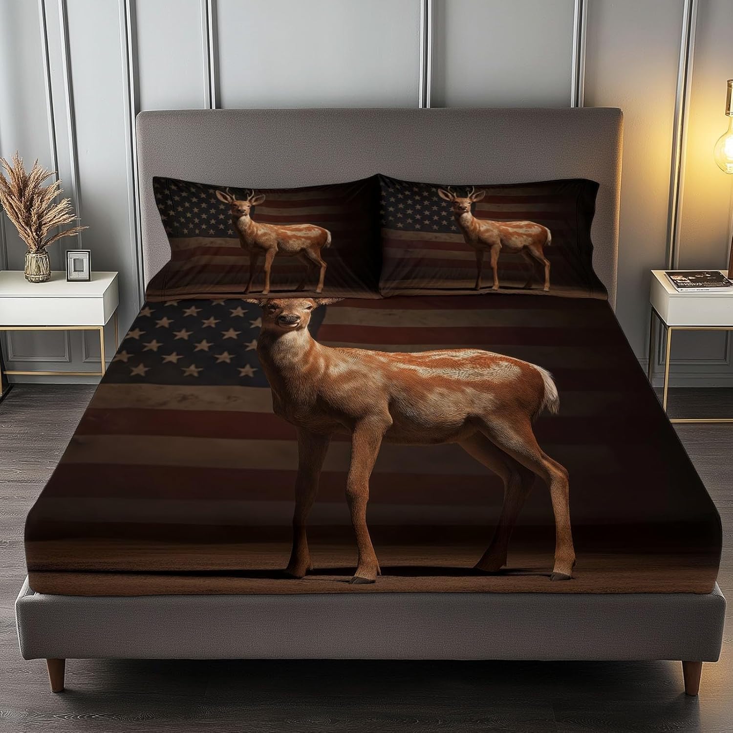 Deer Single Fitted Sheet American Flag Bed Sheets Deep Pocket 12 inch (30 cm) Soft Cozy 3 Piece Microfibre Bed Sheet 90x190 cm with 2 Pillowcases 50x75 cm