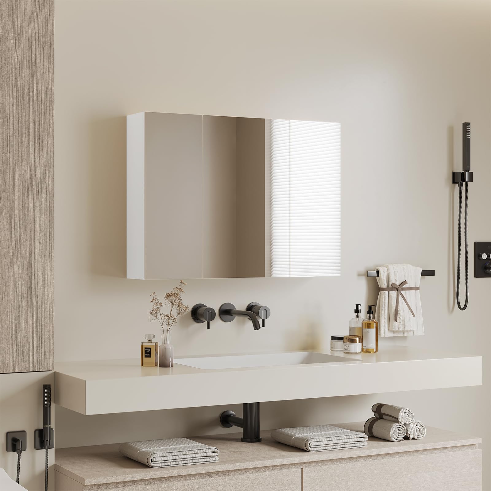 DICTAC Armoire Murale Salle de Bain avec Miroir 80×60×16cm Meuble Salle de Bain avec 3 Portes,Armoire Toilette Miroir avec Étagère Réglable, Blanc-80×60×16cm