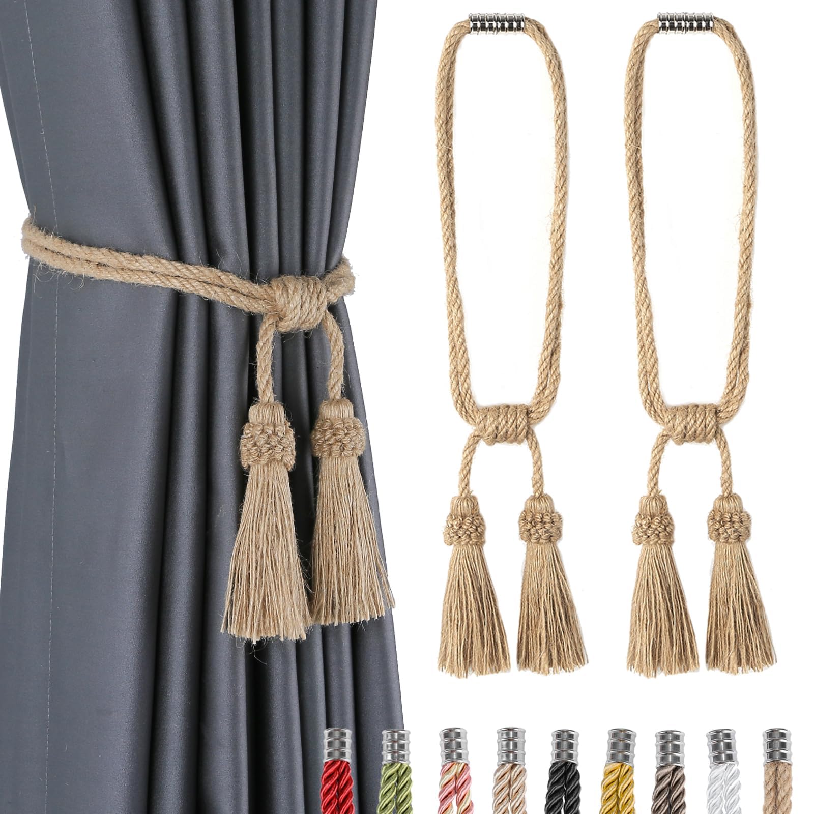 Fenghuangwu Magnetic Curtain Tiebacks 4Pack Tassel Curtain Tieback Modern Handmade Tie Backs,Decorative Tassel Holdback for Draperies,Window Decor (2, Jute)