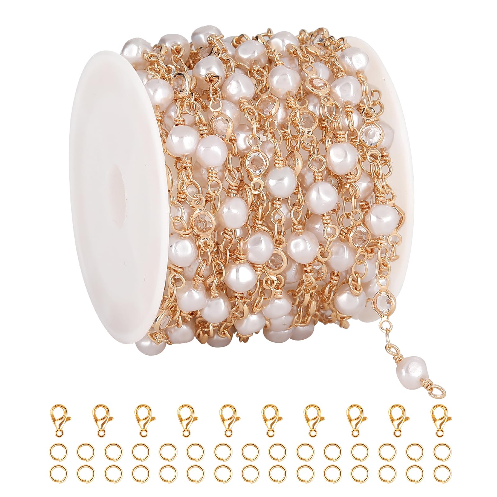 YOUBEIYEE 4 Meters Gold Plated Chain for Jewelry Making Artificial Pearl Chain Roll with Jump Rings and Lobster Clasps Jewelry Supplies Findings