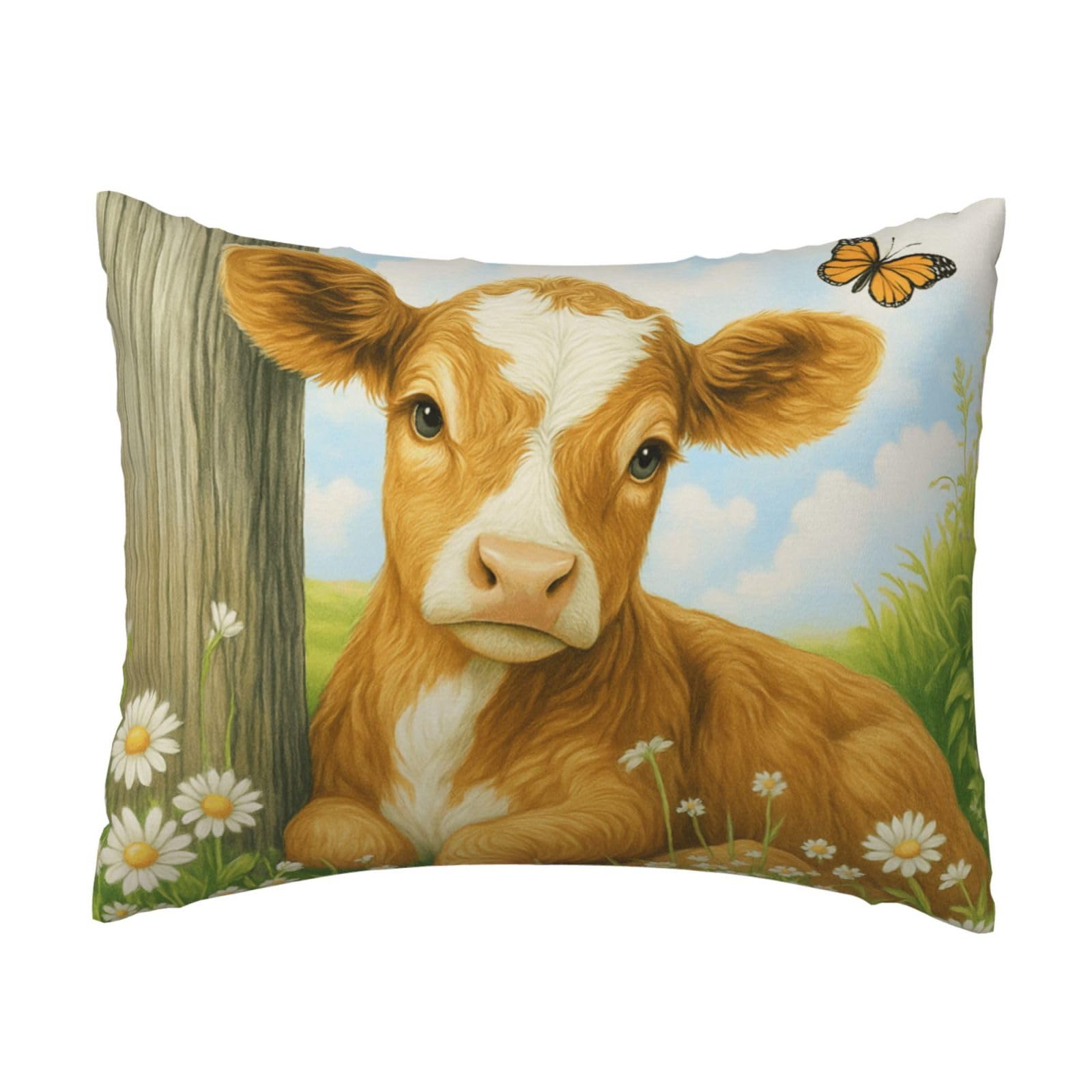 Adorable Cow & Daisy Pillowcase Soft Plush with Zipper Decorative Pillowcovers 16x20 in