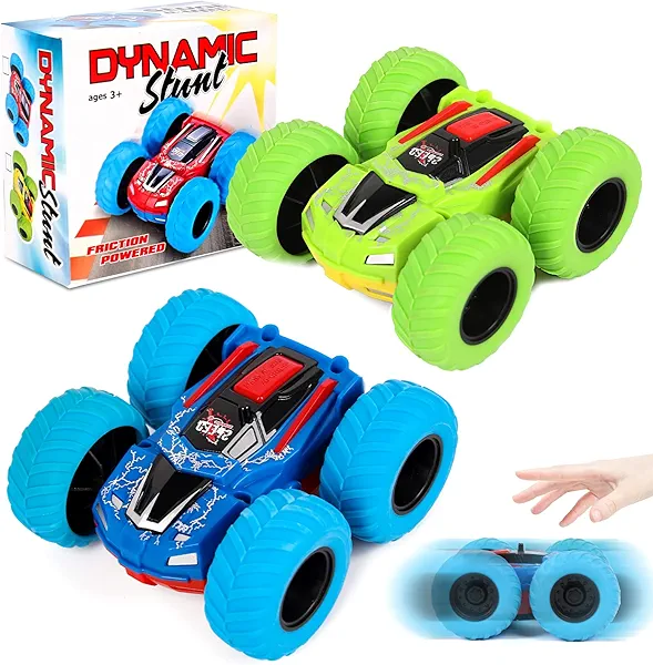Flip Cars Toys for Ages 2-4, Monster Truck 360° Rotating Stunt Push and Go Friction Cars for Toddlers 1-3 Vehicle 2+ Year Old Boys Girls Gifts (2 Pack - Blue/Green)