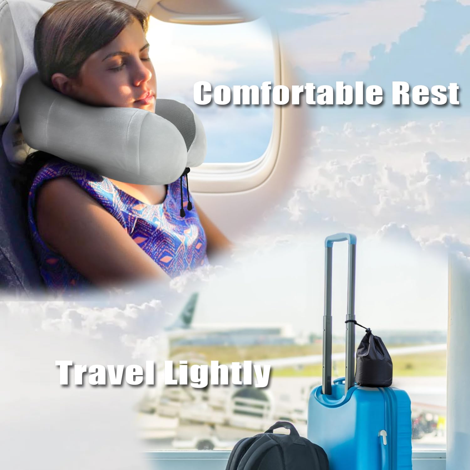 Almohada de viaje, almohada de cuello de espuma viscoelástica para viajes, almohada cervical en forma de U, kit de viaje portátil con máscaras de ojos contorneadas 3D y tapón para los oídos para 7
