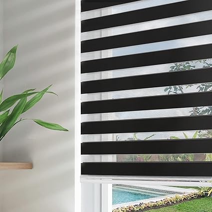 Joydeco Cordless Zebra Blinds for Windows, Dual Layer Free-Stop Zebra Shades Privacy Light Control for Day and Night, Light Filtering Sheer Blinds for Indoor Windows (Black, 55" W x Custom H)
