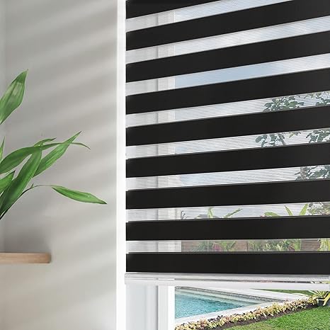 Joydeco Cordless Zebra Blinds for Windows, Dual Layer Free-Stop Zebra Shades Privacy Light Control for Day and Night, Light Filtering Sheer Blinds for Indoor Windows (Black, 55" W x Custom H)