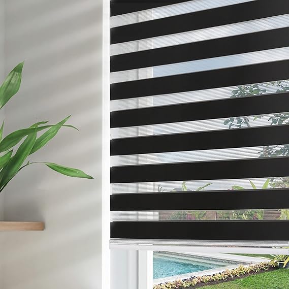 Joydeco Cordless Zebra Blinds for Windows, Dual Layer Free-Stop Zebra Shades Privacy Light Control for Day and Night, Light Filtering Sheer Blinds for Indoor Windows (Black, 55" W x Custom H)